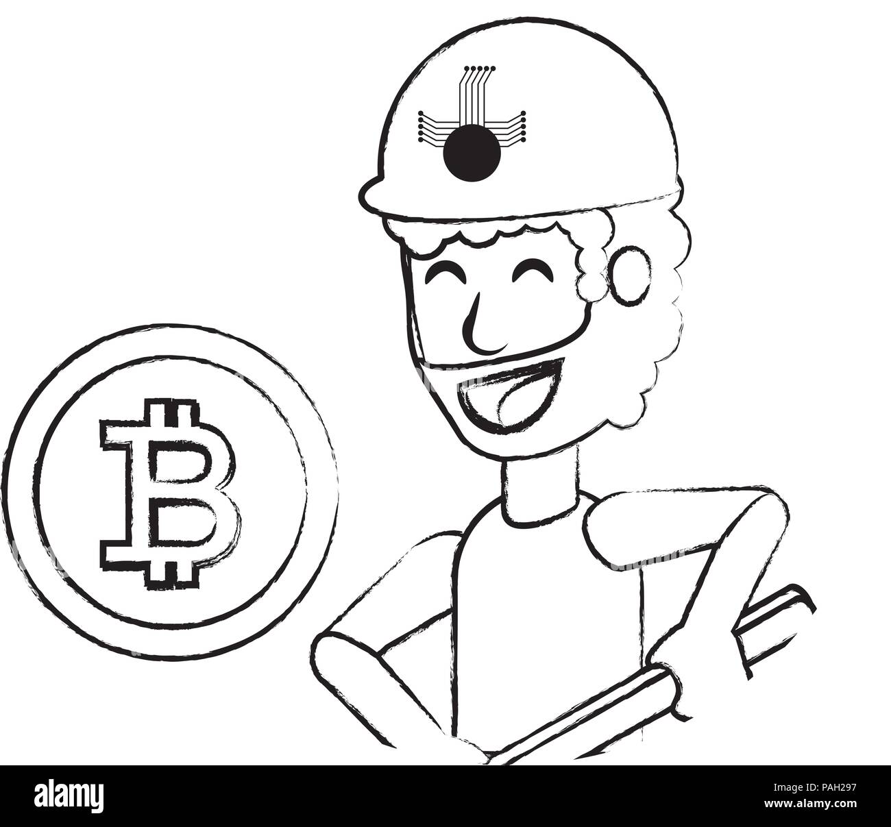 Conception minière cryptocurrency avec cartoon homme tenant une pioche et icône de pièce de bitcoin sur fond blanc, vector illustration Illustration de Vecteur