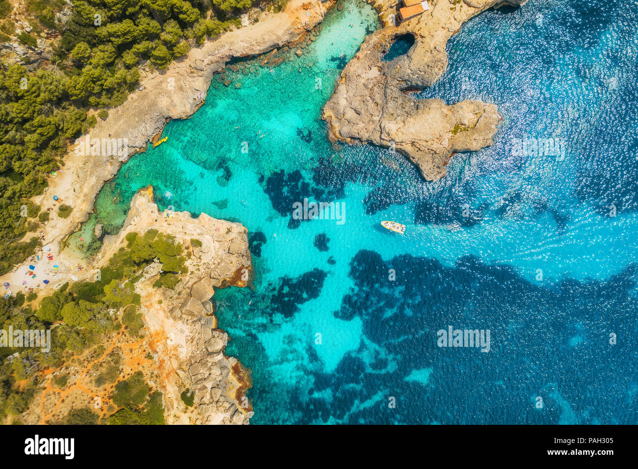 Vue aérienne de la mer transparente avec de l'eau bleu, plage de sable, rochers, arbres verts, yachts et bateaux en matinée ensoleillée en été. Billet à Majorque, Bale Banque D'Images