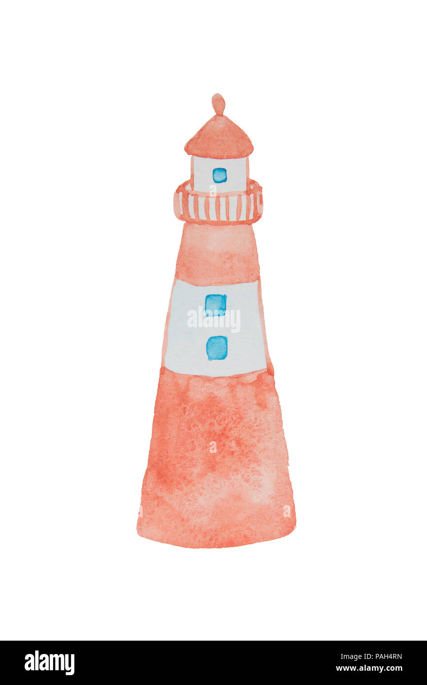 Le phare de la mer de couleur rouge sur aquarelle sur fond blanc Banque D'Images