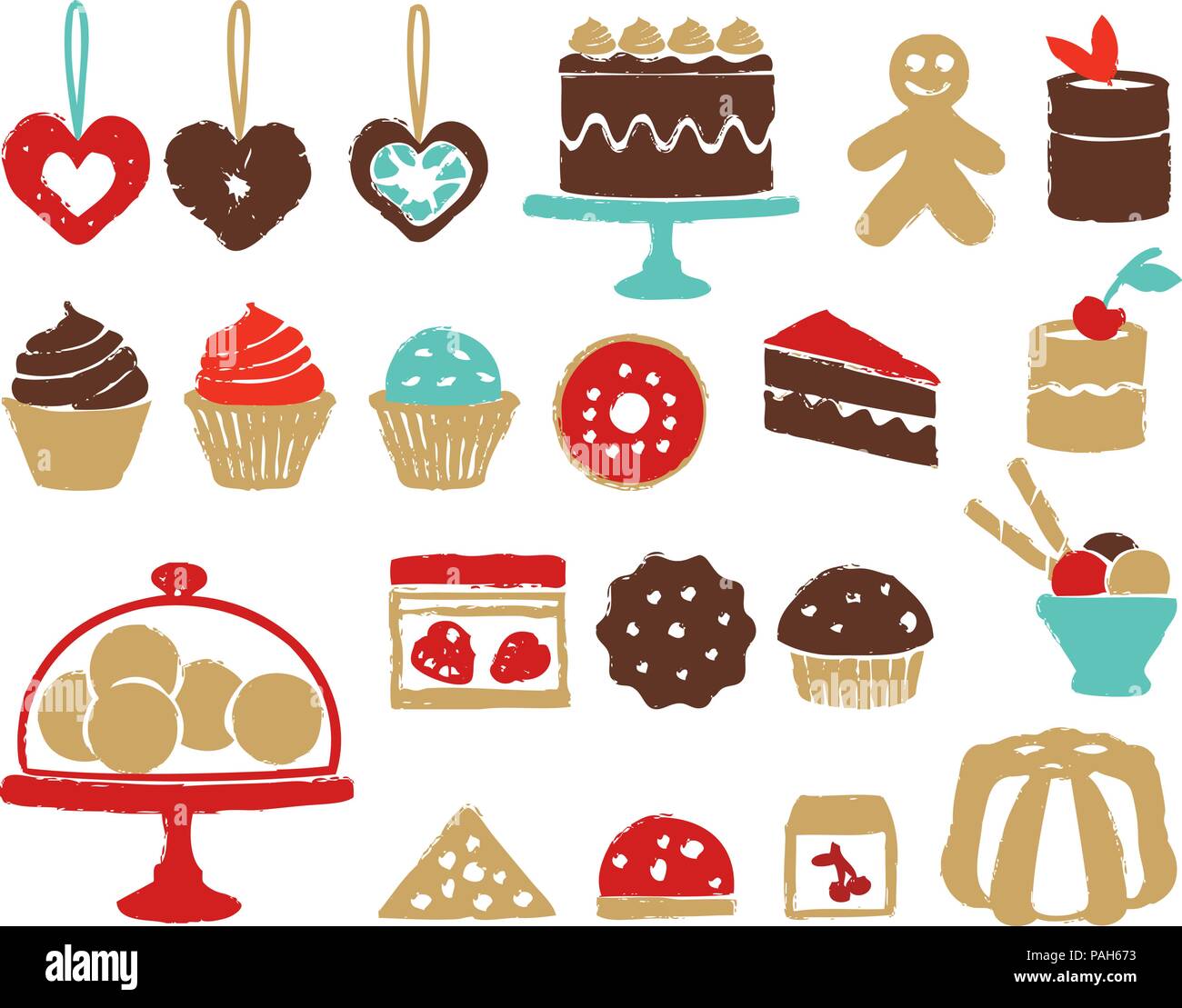 Gâteaux colorés, des petits gâteaux et des bonbons et des icônes. Illustration de Vecteur
