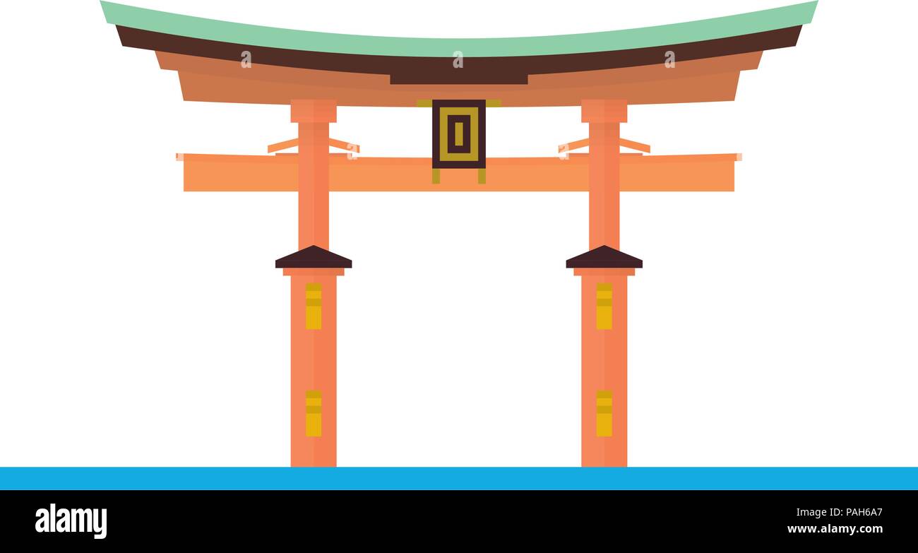 Modèle plat icône vecteur isolé du sanctuaire d'Itsukushima Torii, Miyajima, Japon. Illustration de Vecteur