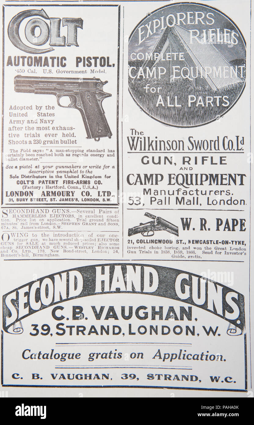 Publicités pour armes à feu. D'un vieux magazine de la période 1914-1918. UK GB Banque D'Images