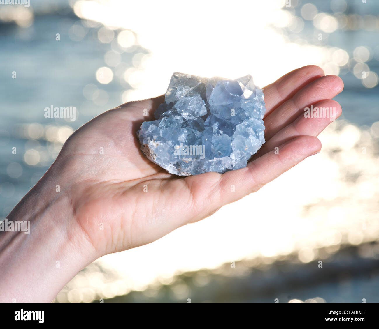 Célestine bleue grappe à partir de Madagascar dans la main de femme au lever du soleil en face du lac. Banque D'Images