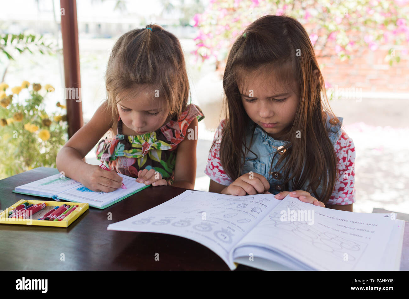 Une adorable petite fille d'art dessin Vue de dessus sur un bloc-notes et crayons en livre mathematicks fille apprendre avec bébé en santé, et concept d'âge préscolaire. Banque D'Images