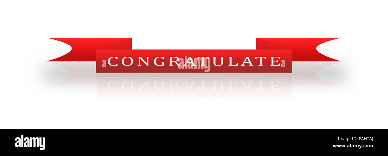 Félicitations inscription blanche sur le ruban rouge avec réflexion, fond blanc Banque D'Images