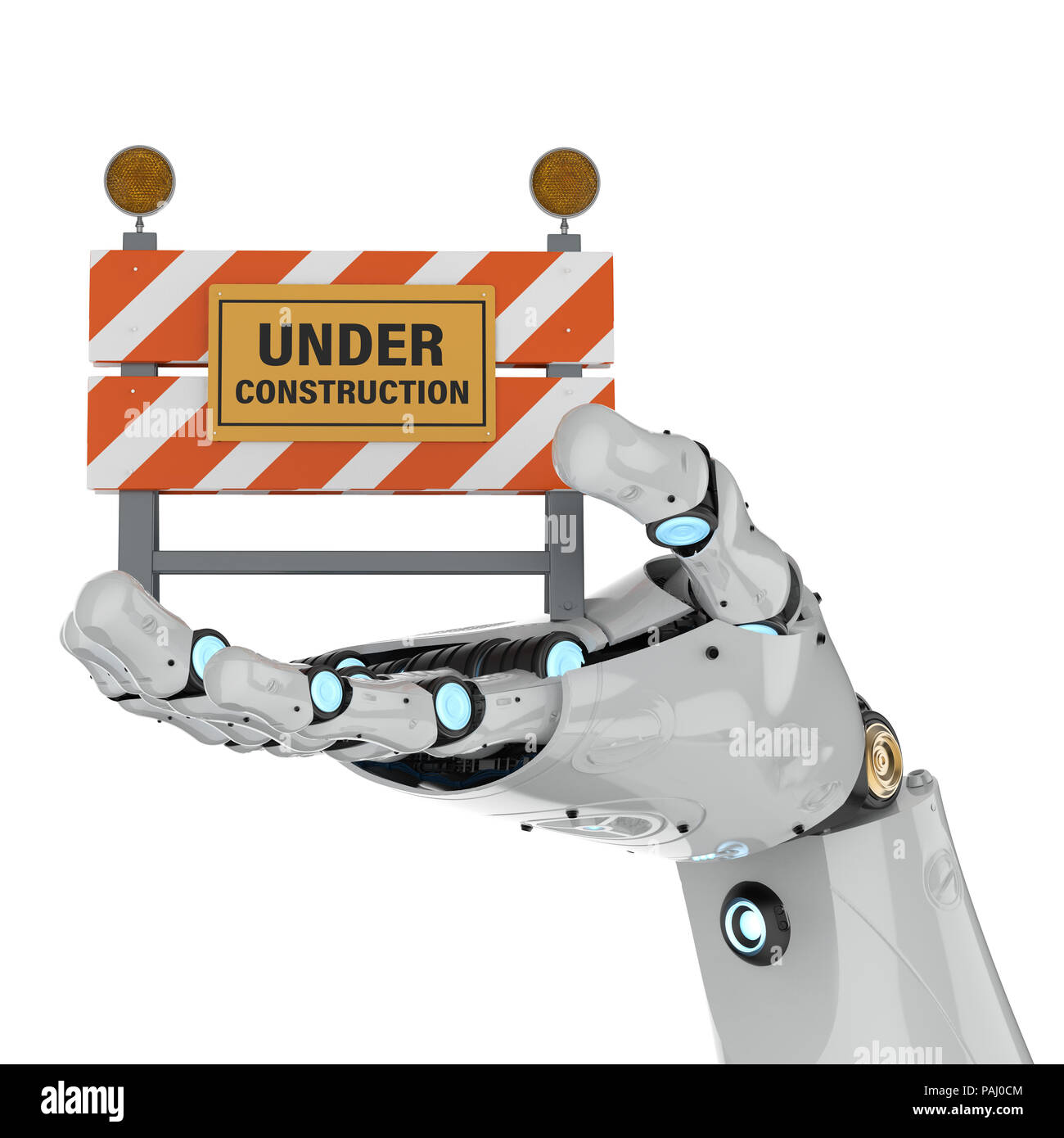 Le rendu 3D main robotique holding en construction signon fond blanc Banque D'Images