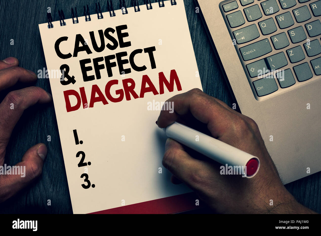 Signe texte montrant la cause et l'effet Diagramme. Outil de visualisation de photo conceptuelle pour classer les causes potentielles des mots écrits et le nombre sur le bloc-notes l'homme Banque D'Images