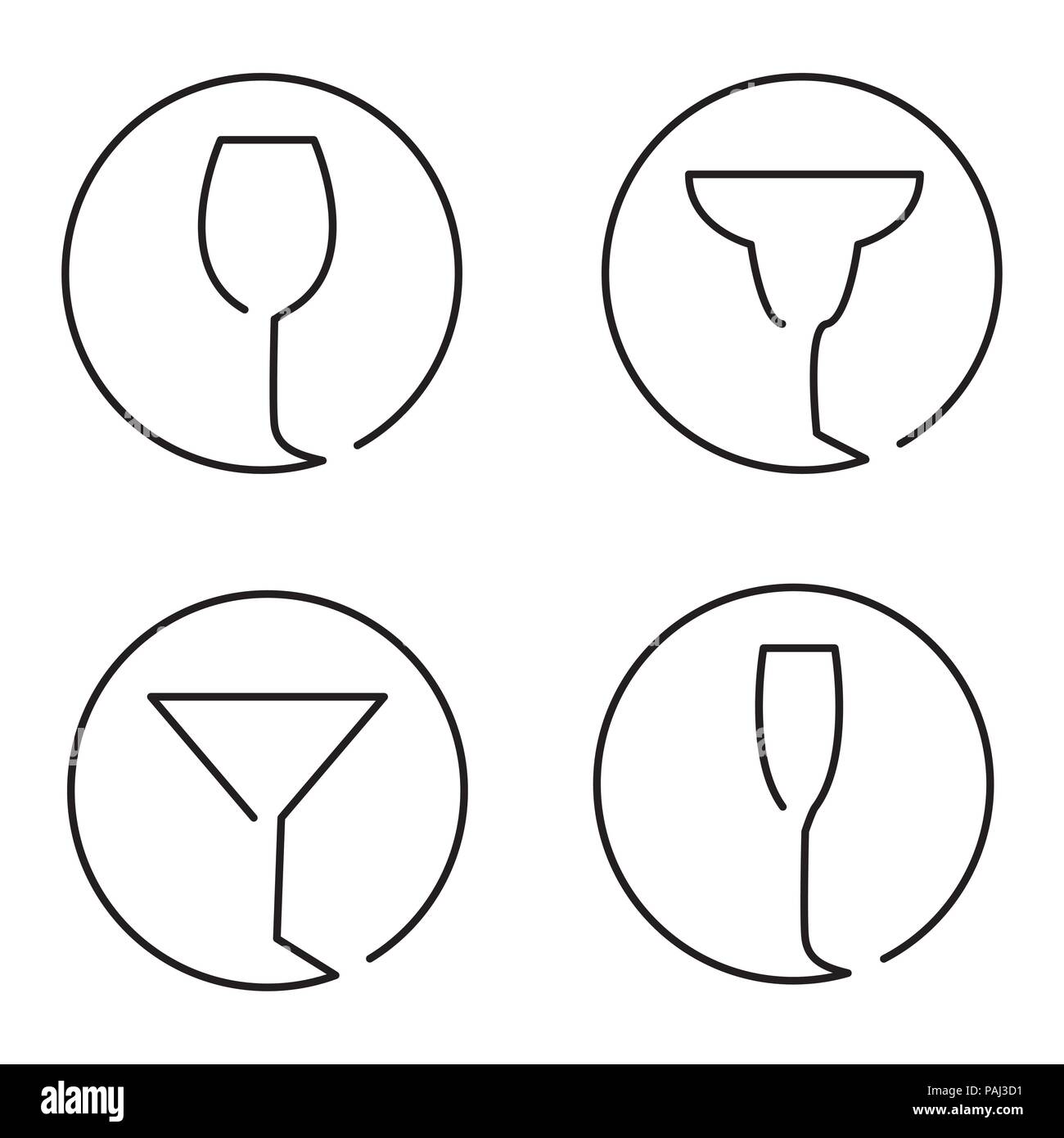 Ligne continue logo ensemble de verres différents, vin, cocktail margarita, Martini, Champaign Illustration de Vecteur