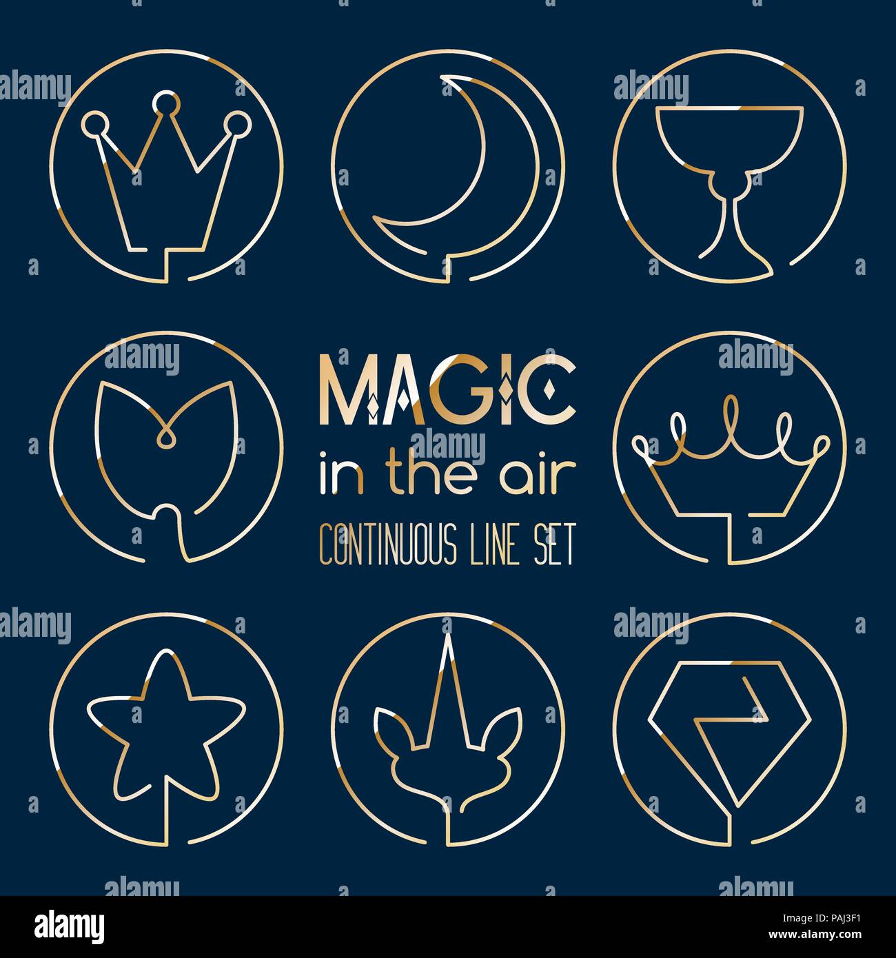 Jeu De Magie D Or Fantasy Art Ligne Continue D Icones Couronne Lune Saint Graal Queue De Sirene Star Corne De Licorne Diamond Image Vectorielle Stock Alamy