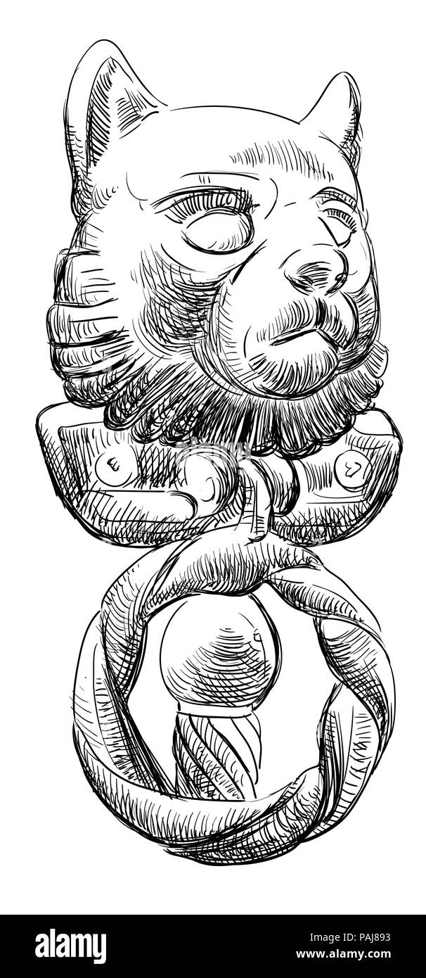 Poignée de porte ancienne sous la forme d'une tête de chatte avec un anneau, vector dessin illustration en couleur noir isolé sur fond blanc Illustration de Vecteur