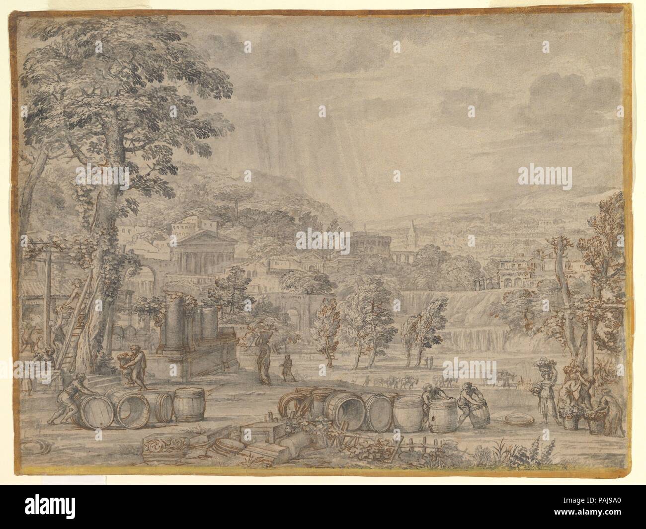 Paysage avec récolte du vin. Artiste : Pietro da Cortona (Pietro Berrettini) italien (1596-1669), Cortona Rome. Fiche Technique : Dimensions : 14 x 19 9/16 5/16 in. (37 x 49 cm). Date : ca. 1630. Un travail de maturité de l'artiste dernières années, cette composition était probablement un morceau de présentation pour un patron, à en juger par son haut degré de finition et la technique virtuose. Le dessin a été peint presque entièrement avec la pointe du pinceau pour obtenir des effets de lumière picturale délicatement (par exemple, dans les rayons émanant d'entre les nuages et dans les faits saillants sur l'écorce des arbres), et une conception de l'atmosphère Banque D'Images
