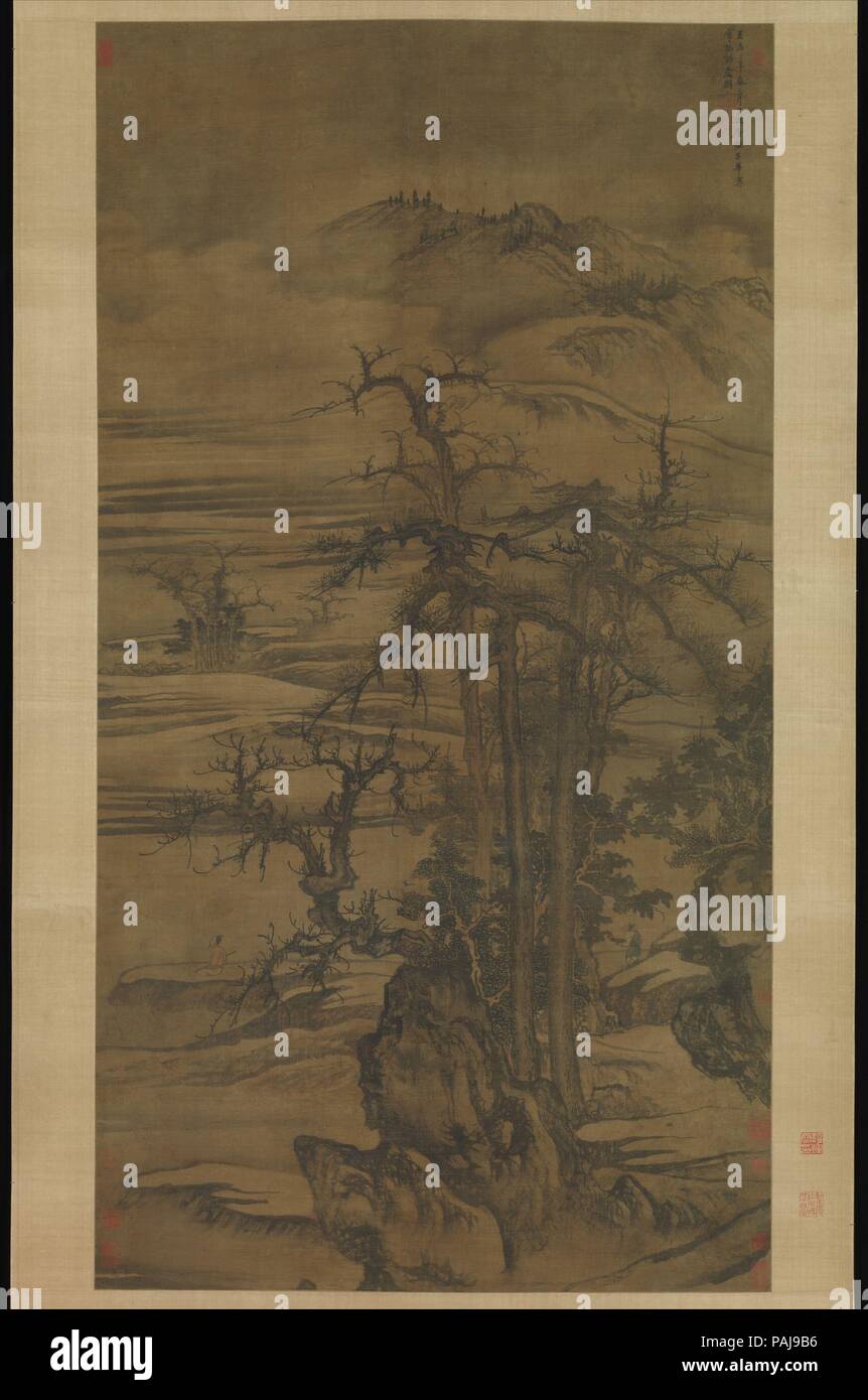 Paysage d'après un poème de Wang Wei. Artiste : Di Tang (Chinois, ca. 1287-1355). Culture : la Chine. Dimensions : Image : 50 3/4 x 27 1/16 in. (128,9 x 68,7 cm) avec fixation : 8 ft. 8 1/8 po. x 33 3/4 in. (264,5 x 85,7 cm) dans l'ensemble avec les boutons : 8 ft. 8 1/8 in. x 37 in. (264,5 x 94 cm). Date : du 1323. Tang Di a été l'un des premiers artistes sud-érudit de relancer le paysage des Song du Nord les traditions des dixième et onzième siècles, et cette composition est typique des nombreux grands travaux qu'il produit dans l'émulation des prototypes du nord. Bien que les maîtres des Song du Nord étaient enclins à Banque D'Images