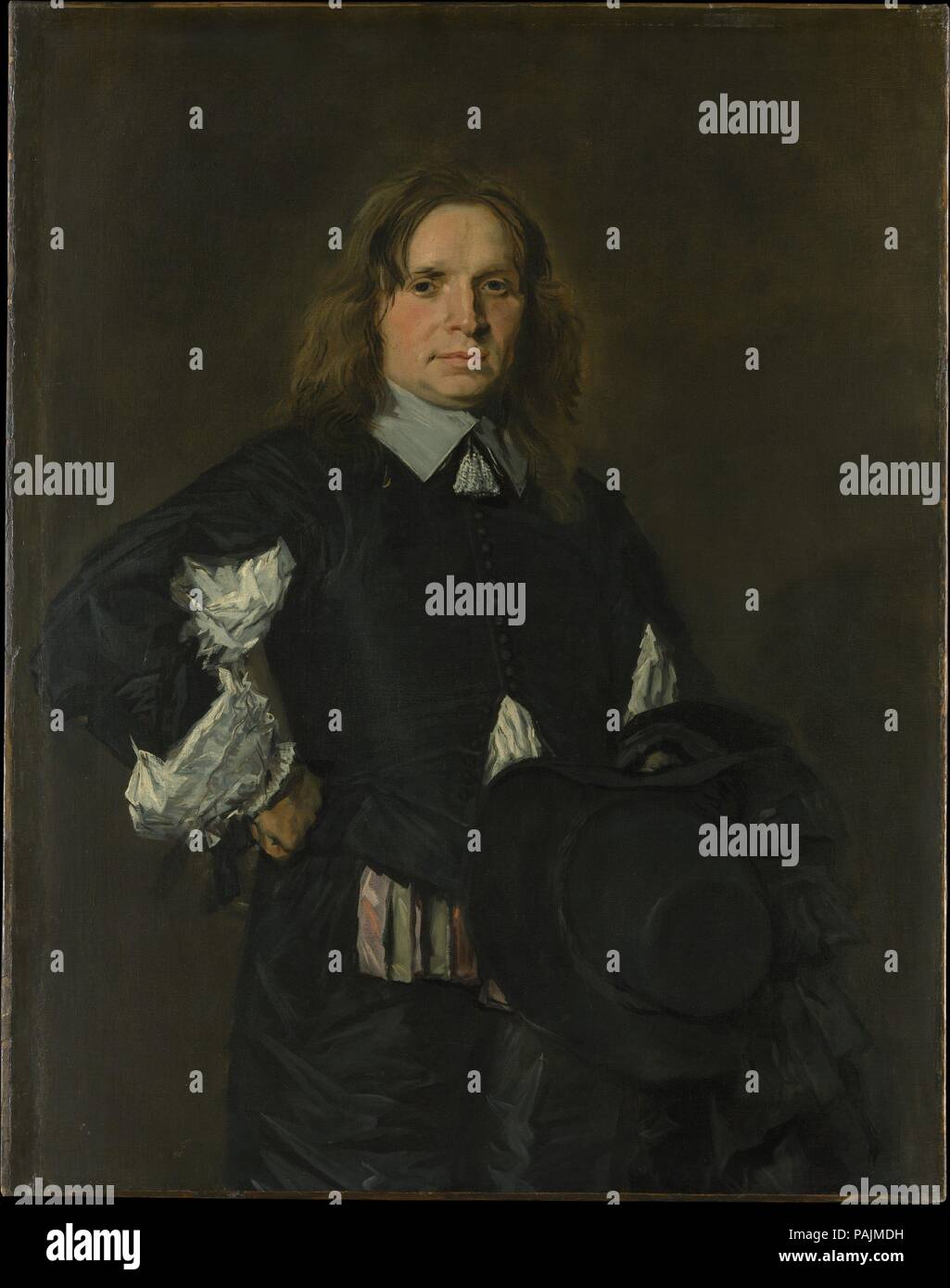 Portrait d'un homme. Artiste : Frans Hals (Anvers 1582/83-1666 Néerlandais, Haarlem). Dimensions : 43 1/2 x 34 in. (110,5 x 86,4 cm). Date : début des années 1650. Dans cette toile du début des années 1650, la pose de la figure suit un modèle Hals utilise vingt ans plus tôt, mais ici l'arrangement est plus frontal et du contenu. L'impression de réserver ou d'autorité est relevée par l'expression détendue, et peut-être par le mode de flounced manches et rubans colorés à la taille. Pinceau vif et la proximité de la lumière hat ajouter à l'immédiateté du portrait. Musée : Metropolitan Mus Banque D'Images