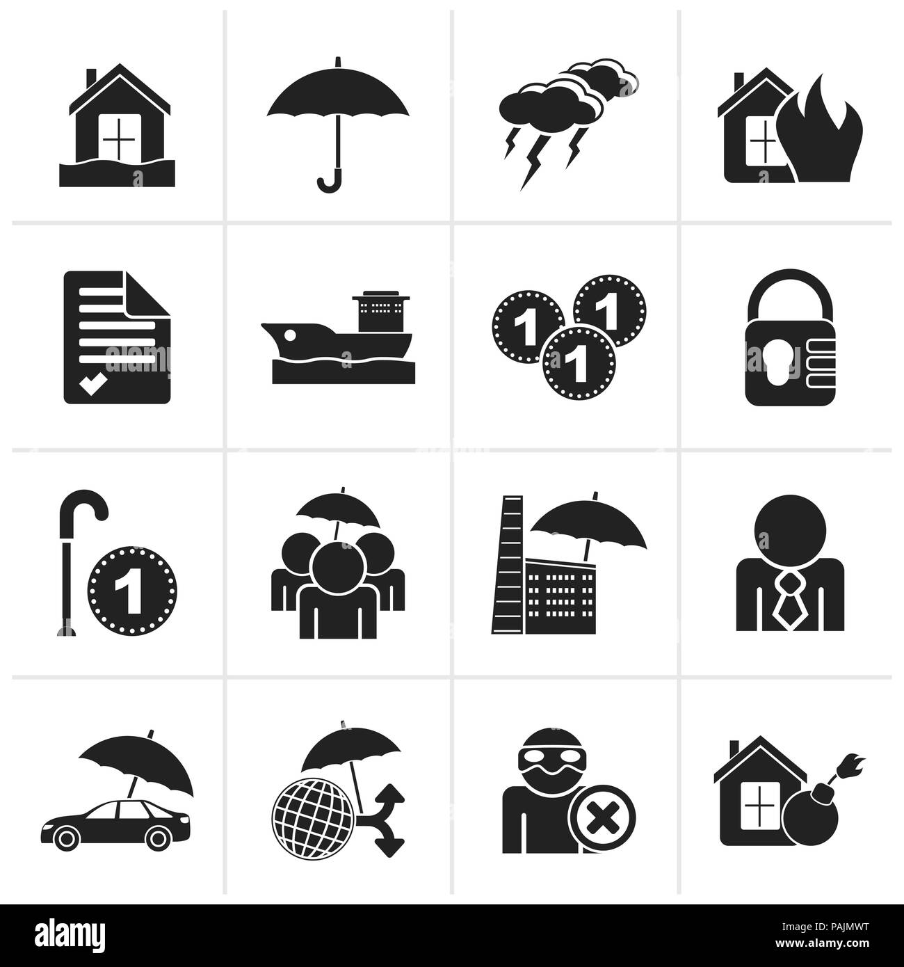 L'assurance et du risque noir icônes - vector icon set Illustration de Vecteur