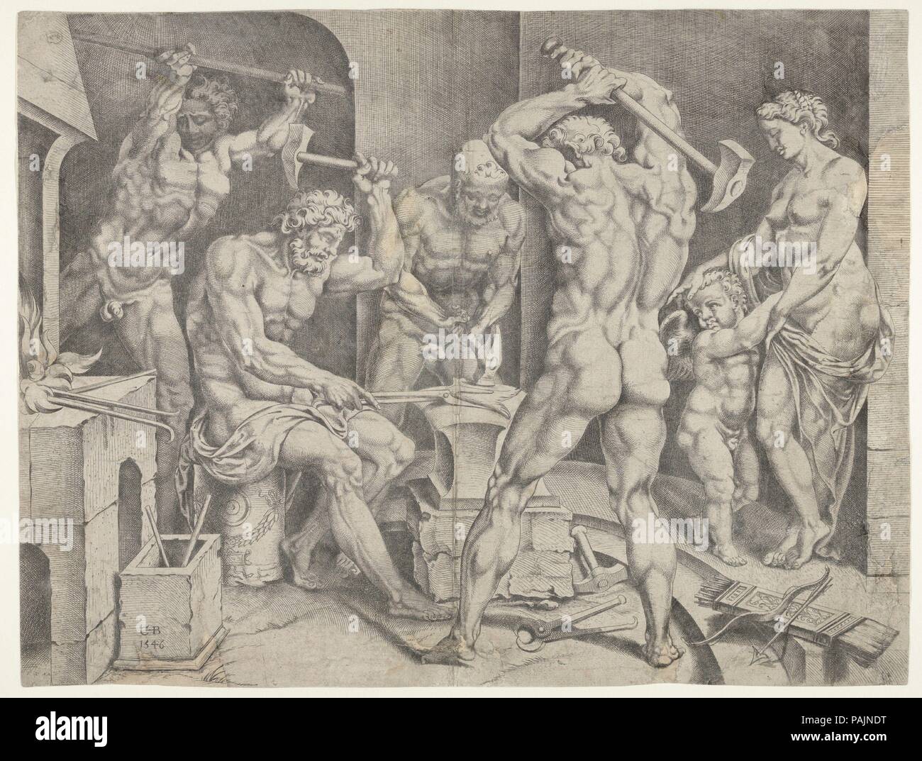 La Forge de Vulcain. Artiste : Cornelis Bos, Russisch Hertogenbosch (ca. 1510 avant 1566 ?-Groningen). Fiche technique : Dimensions : 11 x 14 3/16 à 13/16. (28,4 x 37,7 cm). Date : 1546. Musée : Metropolitan Museum of Art, New York, USA. Banque D'Images