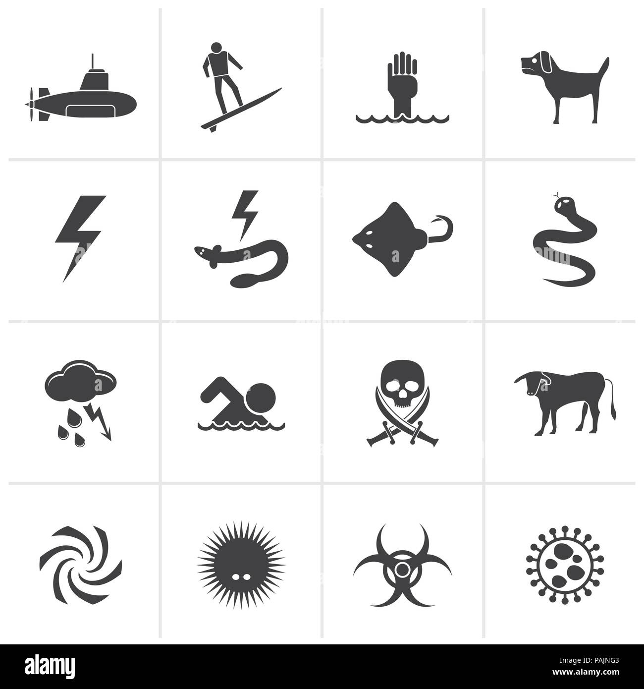 La signalisation des dangers noir en mer, océan, plage et des rivières - vector icon set 2 Illustration de Vecteur