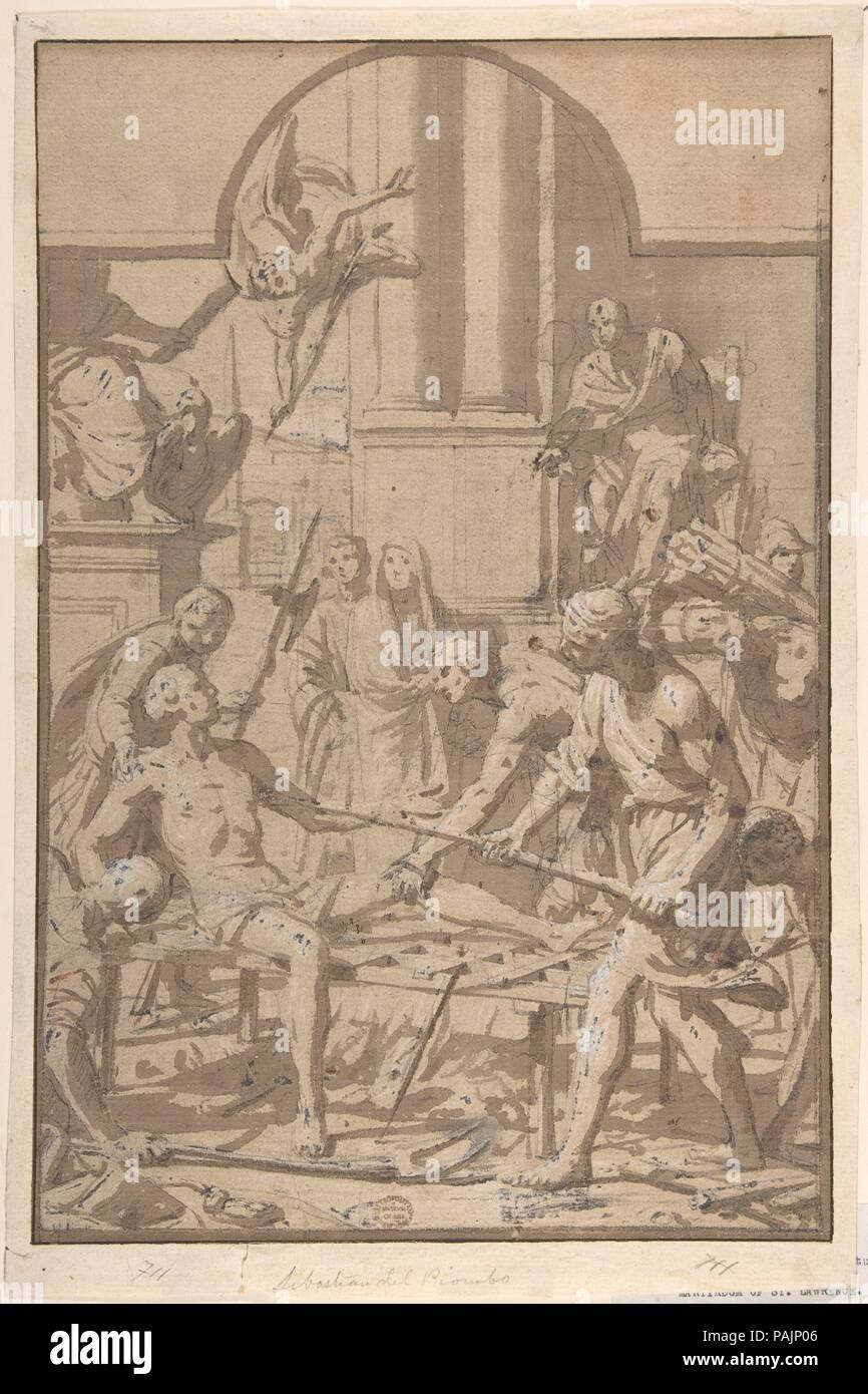 Le Martyre de Saint Laurent. Artiste : anonyme, l'italien, l'Roman-Bolognese, 17ème siècle. Dimensions : 14-1/8 x 9-3/8 in. (35,9 x 23,8 cm), à la partie supérieure. Date : le 17e siècle. Musée : Metropolitan Museum of Art, New York, USA. Banque D'Images
