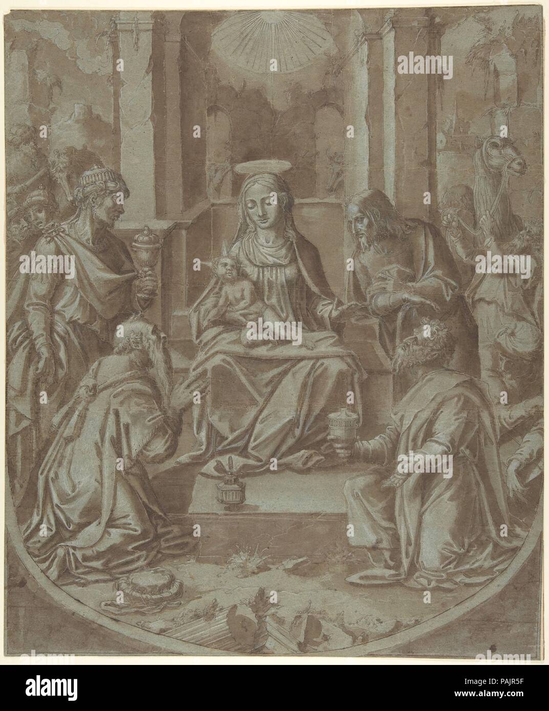 L'Adoration des Mages (dessin animé pour une broderie). Artiste : attribuée à Diego Lopez de Escuriaz (Espagnol, documentés à l'Escurial, 1587-97, est mort ca. 1623 ( ?)). Fiche technique : Dimensions : 15 x 9 13/16 9/16 in. (40,2 x 24,3 cm). Date : 1587-89. Musée : Metropolitan Museum of Art, New York, USA. Banque D'Images