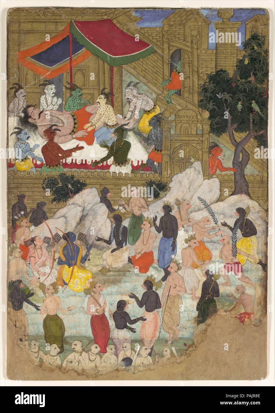 "Le réveil de Kumbhakarna dans la ville d'Or de Lanka', folio d'un Ramayana. Dimensions : Peinture : H. 10 7/8 in. (27,6 cm) W. 7 1/2 in. (19.1 cm) Page : H. 10 7/8 in. (27,6 cm) W. 7 1/2 in. (19,1 cm) TMC : H. 19 1/4 in. (48,9 cm) 14 1/4 in. W. (36,2 cm). Date : ca. 1605. Kumbhakarna, le géant frère du démon Ravana, a été dupée par les dieux en demandant à Brahma pour le bienfait du sommeil interminable. Ravana lui construit un palais richement ornée, où il s'assoupirent pendant 100 ans avant d'être réveillé par son démon personnel dans l'épisode illustré ici. Ils sont en état d'alerte qui lui R Banque D'Images