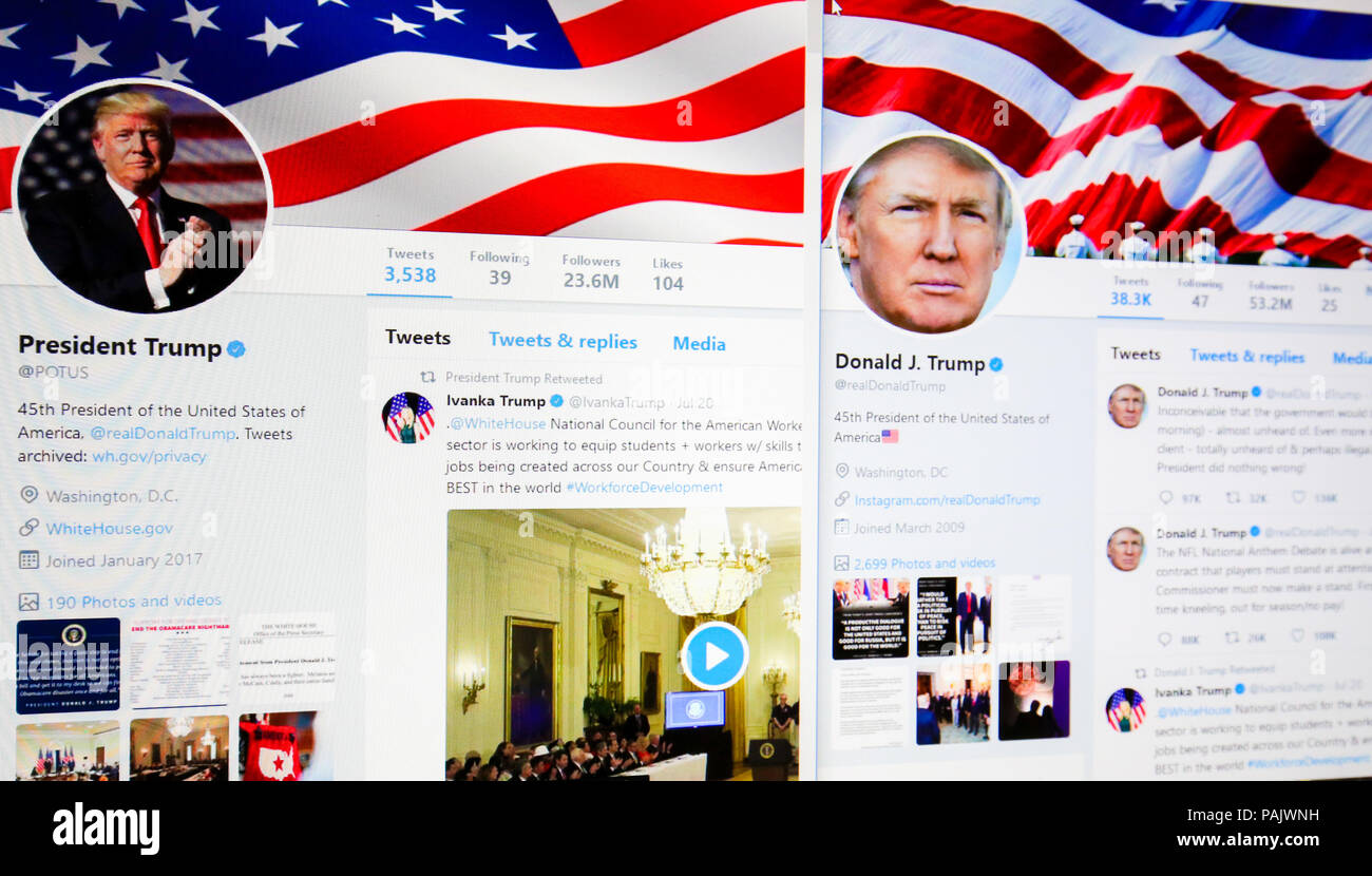 Bruxelles, Belgique - 21 juillet 2018 : Les pages twitter officiel @POTUS et @d RealDonaldTrump Donald J. Trump, 45e Président des Etats-Unis. Banque D'Images