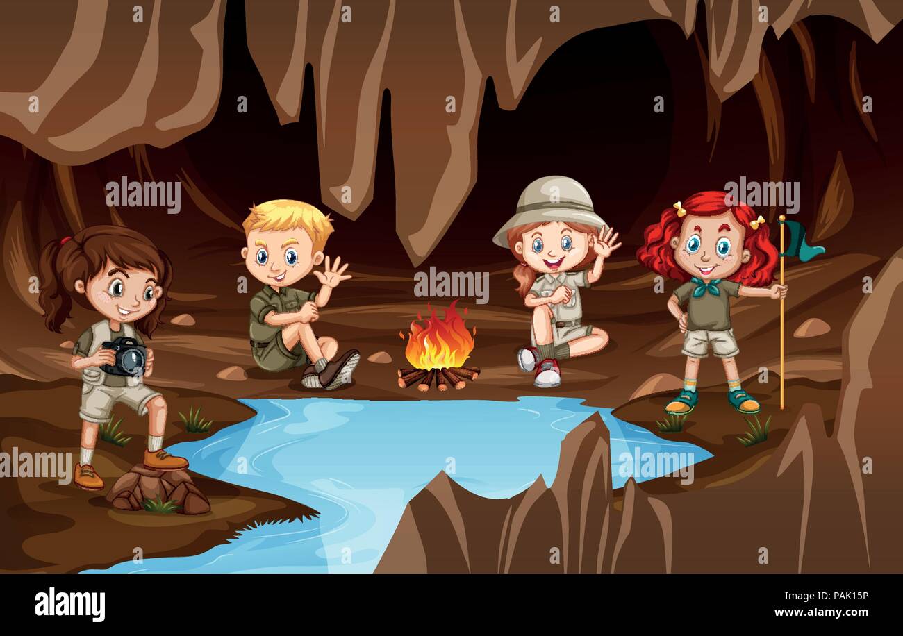 Les enfants ayant une campire dans une grotte illustration Illustration de Vecteur