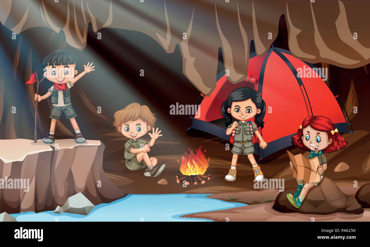Camping enfant dans une grotte illustration Illustration de Vecteur