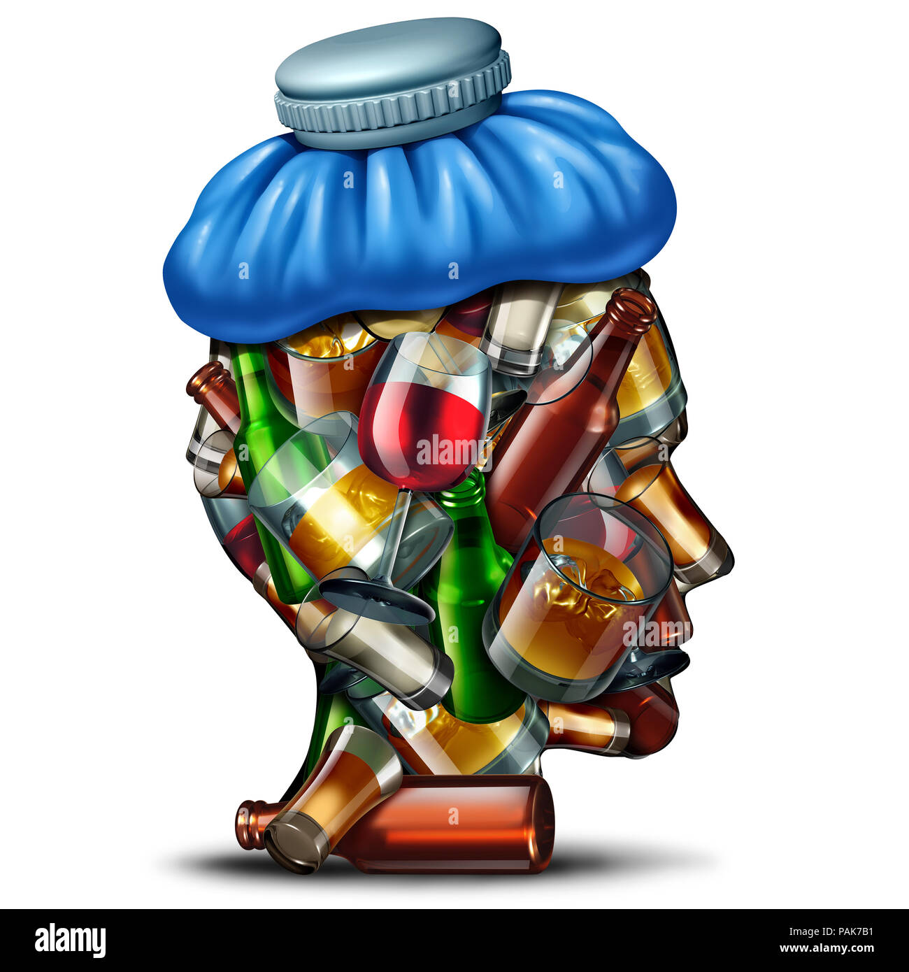 Remèdes contre la gueule de concept et dégriser idée avec un groupe de l'alcool et des boissons alcoolisées en forme de tête humaine de la souffrance. Banque D'Images