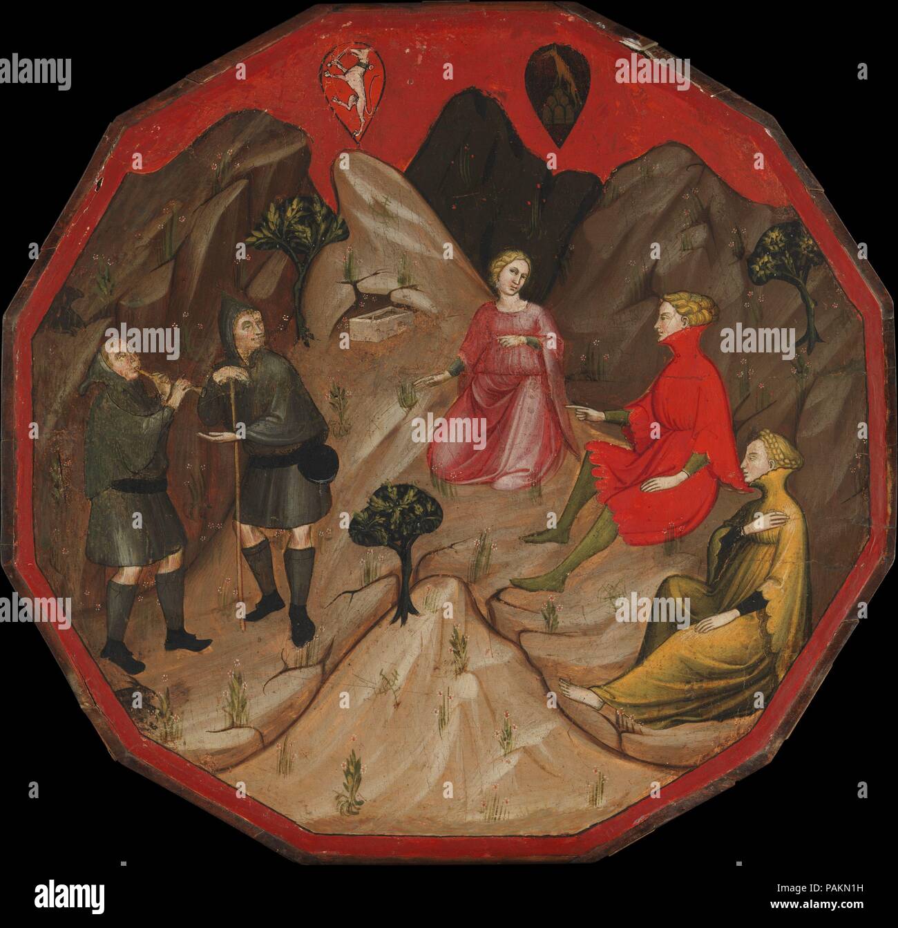 Un concours entre les Alcesto Acaten et bergers. Artiste : Maître de 1416 (Italien, florentin, début du 15ème siècle). Dimensions : Douze faces, 21 1/8 x 22 1/8 in. (53,7 x 56,2 cm). Date : ca. 1410. Ce panneau et son complément, formé à l'origine l'avant et l'arrière d'un bac à la naissance ( <i >desco da parto </i >). Ils illustrent l'histoire est de Giovanni Boccaccio's  <i >Comedia delle Ninfe fiorentine </i >, écrit à propos de 1342. L'hunter Ameto, vêtus de rouge, les pairs au-dessus d'une colline puis approche les nymphes, attiré par le chant de cer. Dans l'arrière-plan la chasse. Les nymphes charger dans l'Ameto Banque D'Images