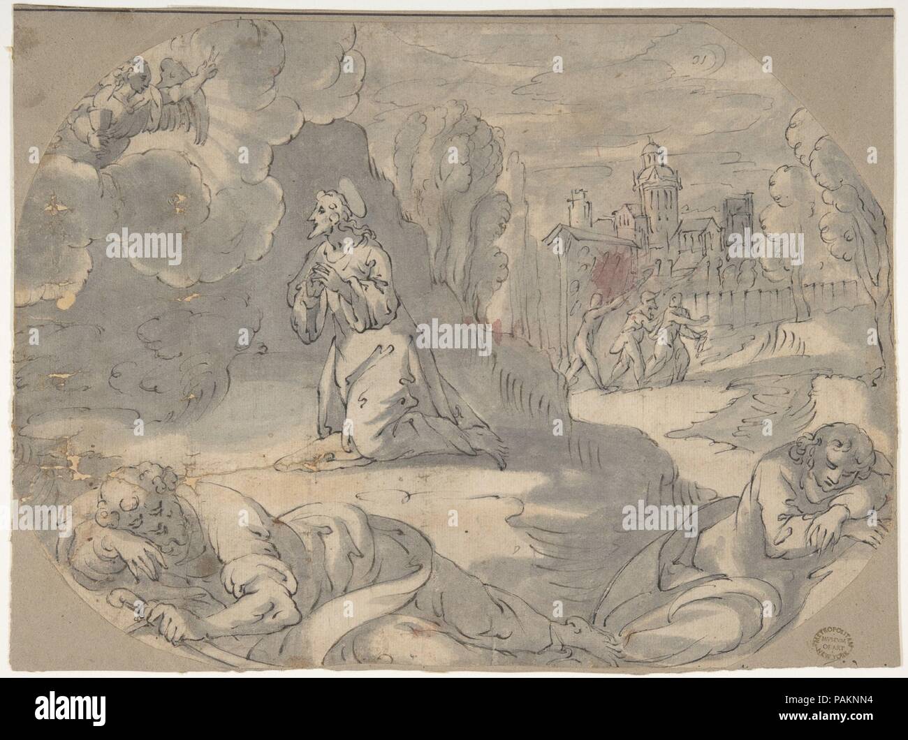 Le Christ dans le jardin de Gethsémané (Matthieu 26:36-46). Artiste : anonyme, l'allemand, 16e siècle. Dimensions : 7-5/8 x 10-5/16 in. (19,3 x 26,2 cm). Ancienne Attribution : anciennement attribué à Federico Zuccaro (Zuccari (Italien), Sant'Angelo in Vado 1540/42-1609 Ancône). Date : ca. 1600. Musée : Metropolitan Museum of Art, New York, USA. Banque D'Images
