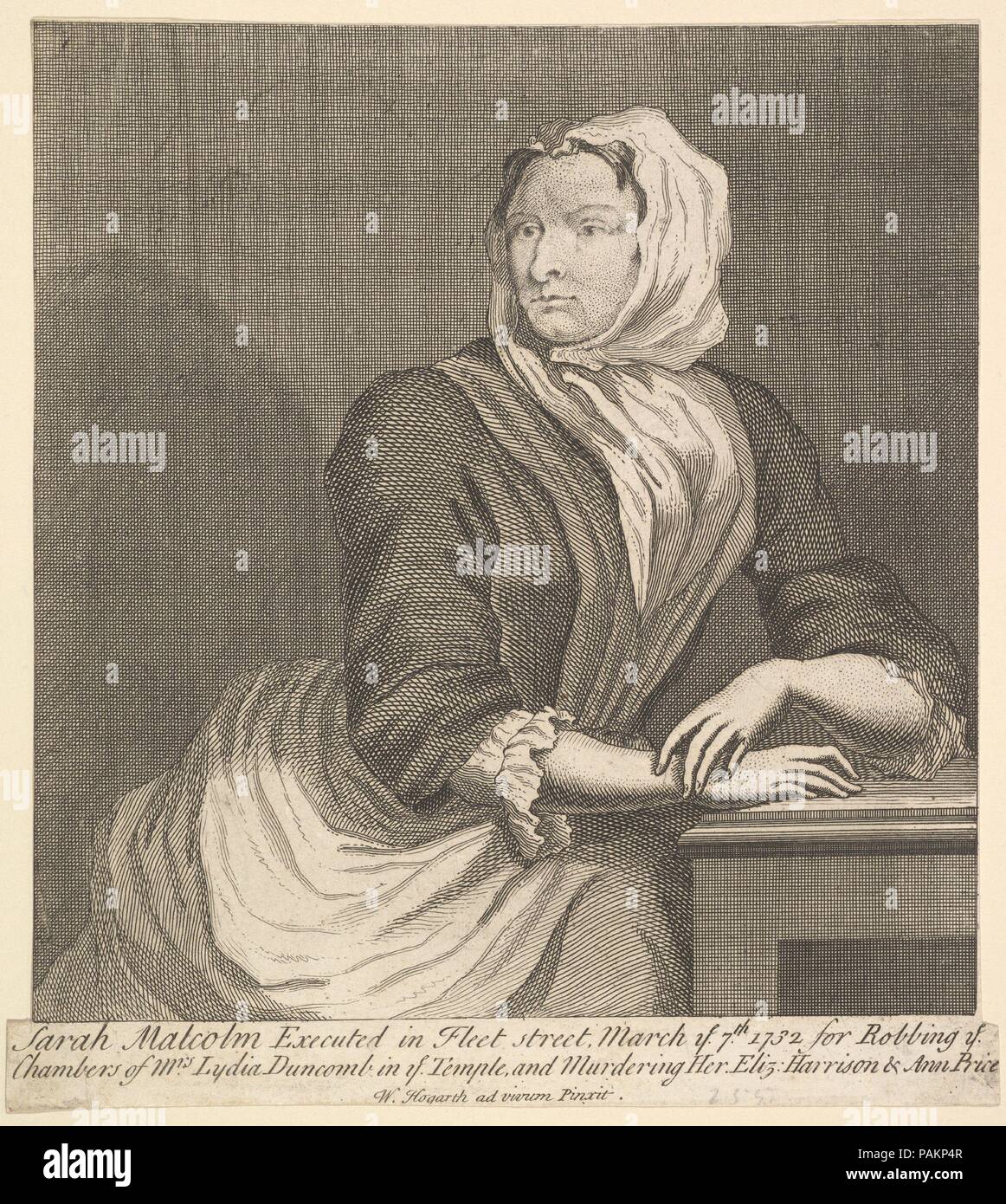 Sarah Malcolm. Artiste : Après William Hogarth (britannique, Londres 1697-1764 Londres). Fiche technique : Dimensions : 7 7/8 x 6 9/16 in. (19,2 x 17,5 cm). Date : après 1733. Musée : Metropolitan Museum of Art, New York, USA. Banque D'Images