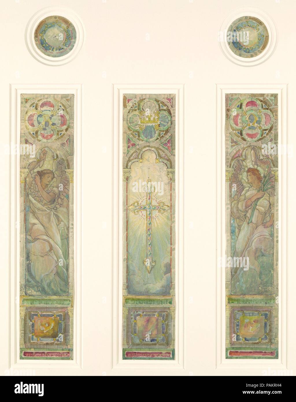 Pour la conception lumière triple fenêtre. Artiste : Probablement Frederick Wilson (American (né en Irlande Dublin 1858-1932) Los Angeles, Californie). Culture : L'Américain. Dimensions : hors tout : 21 x 13 3/16 po. (53,3 x 33,5 cm) Design, fenêtre rectangulaire : 9 7/8 x 1 5/16 in. (23,7 x 4,7 cm) Conception, médaillon : 1 1/2 in. (3,8 cm). Bouilloire : Tiffany Studios (1902-32). Date : fin du xixe ou début du xxe siècle. Musée : Metropolitan Museum of Art, New York, USA. Banque D'Images