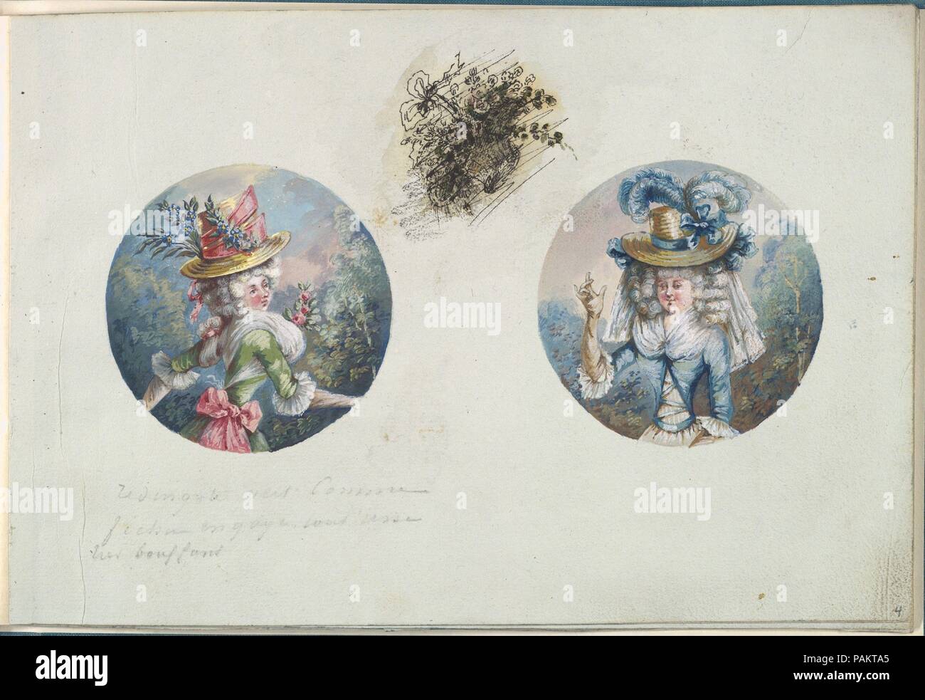 Deux dessins de costumes ou Portrait Types de deux femmes avec des chapeaux  de paille. Artiste : Anonymous, le français, 18e siècle ; Anonyme, le  français, 19e siècle ; peut-être connecté à