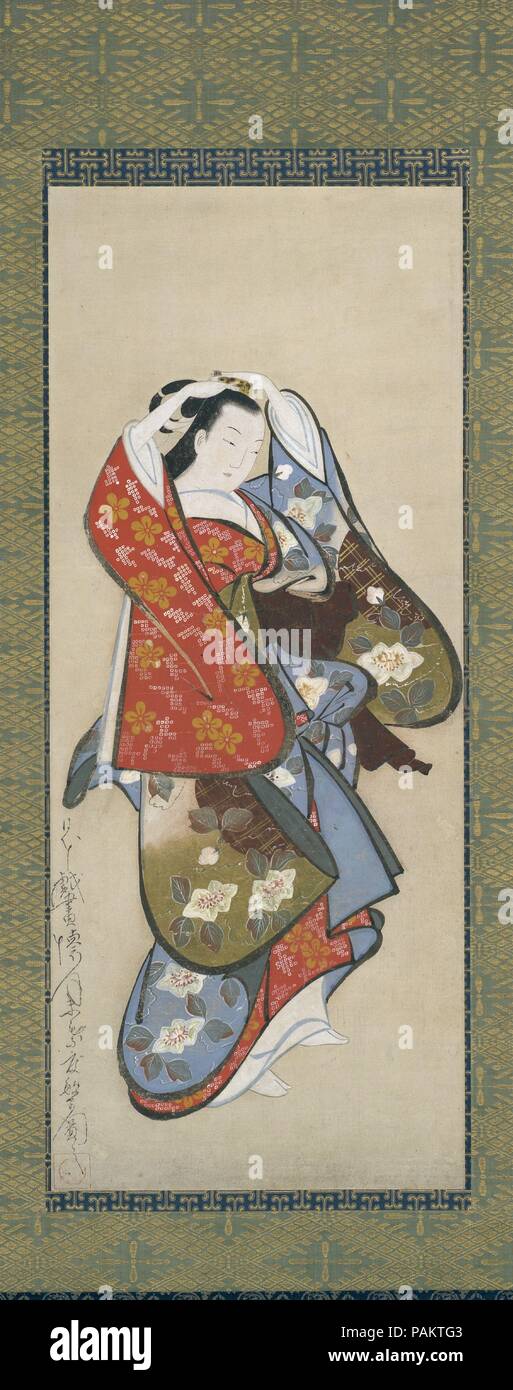 Belle femme. Artiste : Kaigetsudo Dohan (active 1710-16). Culture : le Japon. Dimensions : Image : 32 3/16 x 13 3/16 po. (81,8 x 33,5 cm) avec fixation : 64 3/8 x 20 1/8 in. (163,5 x 51,1 cm). Date : le 18e siècle. Kaigetsudo's vision de beauté féminine, si bien reçu, était assez gras par rapport à celle de ses contemporains. Chiffres Statuesque vêtus de couleurs vives, l'évolution a été frappant l'endroit parfait pour le grand coups de son pinceau. Cette forte physiquement la féminité contraste nettement avec les chiffres willowy favorisée par Suzuki Harunobu (1724-1770), un contemporain d'estampes ukiyo-e artis Banque D'Images