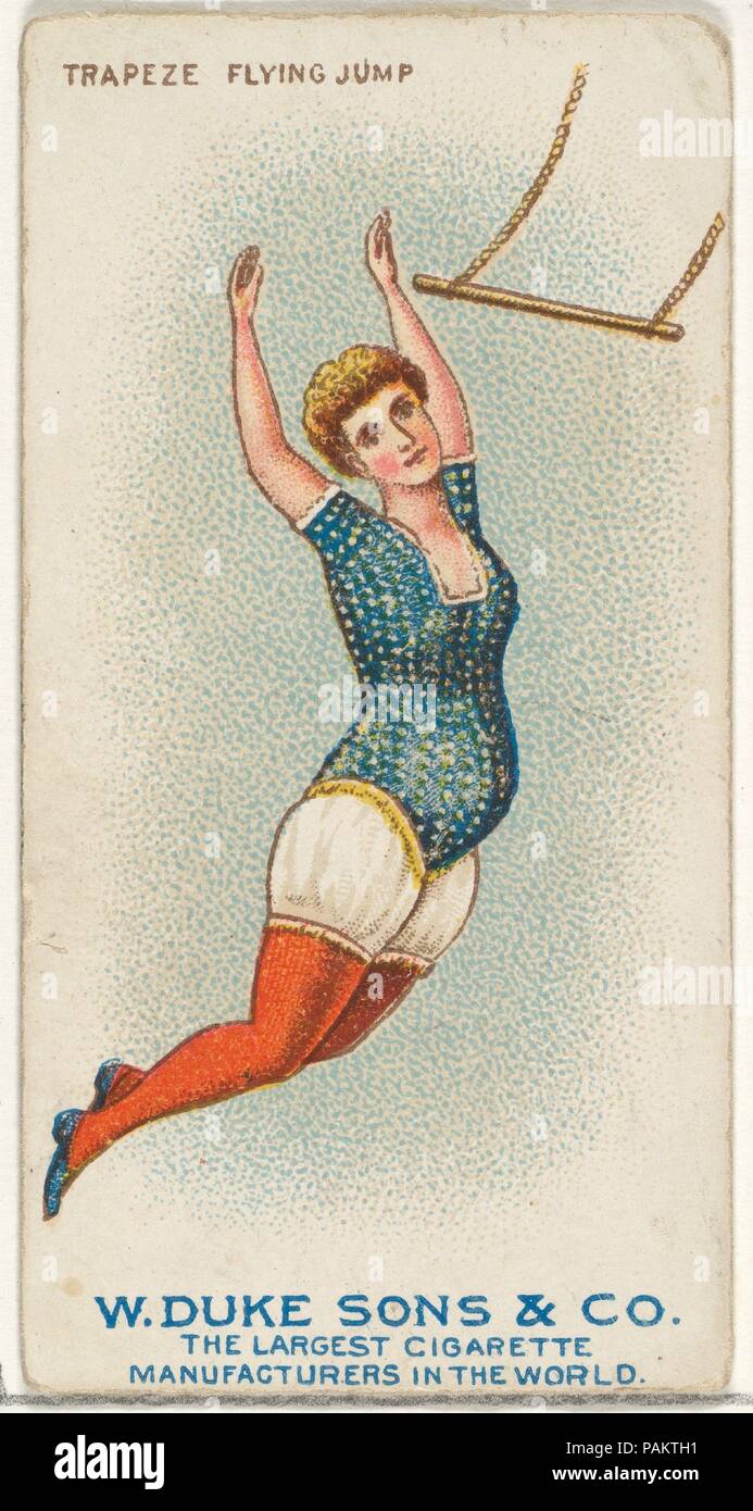 Flying trapèze, saut, à partir de la série d'exercices de gymnastique (N77) pour les cigarettes de marque Duke. Fiche Technique : Dimensions : 2 3/4 x 1 1/2 in. (7 x 3,8 cm). Editeur : Publié par W. Duc, Sons & Co. (New York et Durham, N.C.). Date : 1887. Les cartes de la série des "exercices de gymnastique (N77), publié dans un ensemble de 25 cartes en 1887 pour promouvoir W. Duc Sons & Co. les cigarettes de marque. Il existe deux versions de la série. Toutes les images sont les mêmes mais le texte imprimé en bleu est un ensemble et brown dans l'autre. Musée : Metropolitan Museum of Art, New York, USA. Banque D'Images