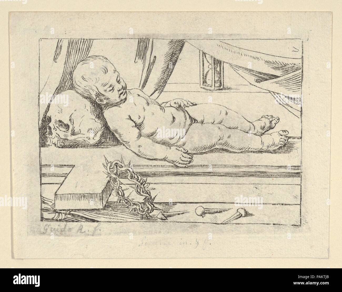 Le Christ enfant endormi sur une croix, sa tête posée sur un crâne, une couronne d'épines et de clous à l'avant-plan, après Reni. Artiste : Anonyme, Italien, 17e siècle, après l'italien Guido Reni (1575-1642), Bologne Bologne. Dimensions : Plateau : 3 3/4 x 5 1/8 in. (9,5 × 13 cm) : 4 Feuille 1/2 × 5 13/16 in. (11,4 × 14,8 cm). Date : le 17e siècle. Musée : Metropolitan Museum of Art, New York, USA. Banque D'Images