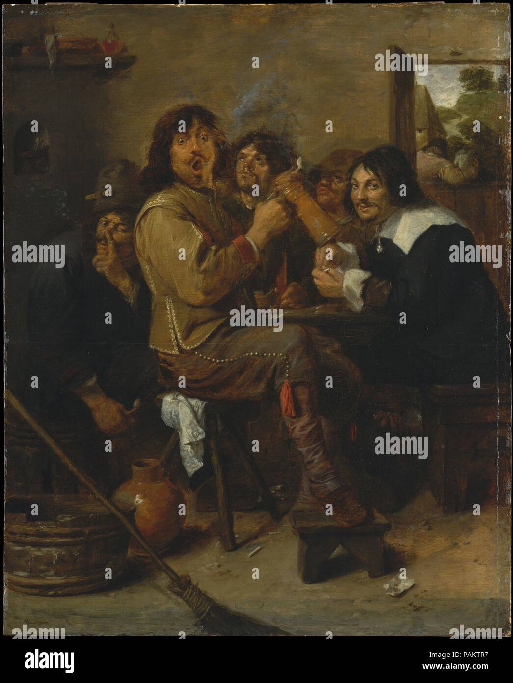 Les fumeurs. Artiste : Adriaen Brouwer (flamande, Oudenaarde 1605/6-1638 Anvers). Dimensions : 18 1/4 x 14 1/2 in. (46,4 x 36,8 cm). Date : ca. 1636. Le Fleming Brouwer a travaillé à Haarlem et Amsterdam avant de rejoindre la guilde des peintres d'Anvers en 1621-32. Son grand talent et un talent pour la comédie humaine a obtenu l'éphémère de l'artiste soi de Rubens et Rembrandt. Dans cette célèbre photo, Brouwer lui-même (au centre au premier plan) joue un de ses habitués, taverne habituelle avec le peintre de natures mortes Jan De Heem (à droite) et l'abandon plus compagnons agissant comme un chœur de fumeurs. Effets éphémères, allant Banque D'Images