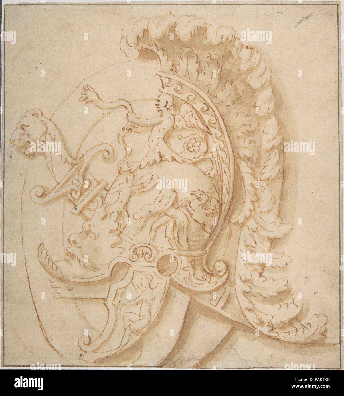 Conception pour un trophée à l'épée et un casque à plumes décorées de motifs classiques, des masques grotesques. Artiste : Anonyme, Italien, 17e siècle. Fiche technique : Dimensions : 7 9/16 x 7 1/4 in. (19,2 x 18,4 cm). Date : le 17e siècle. Musée : Metropolitan Museum of Art, New York, USA. Banque D'Images