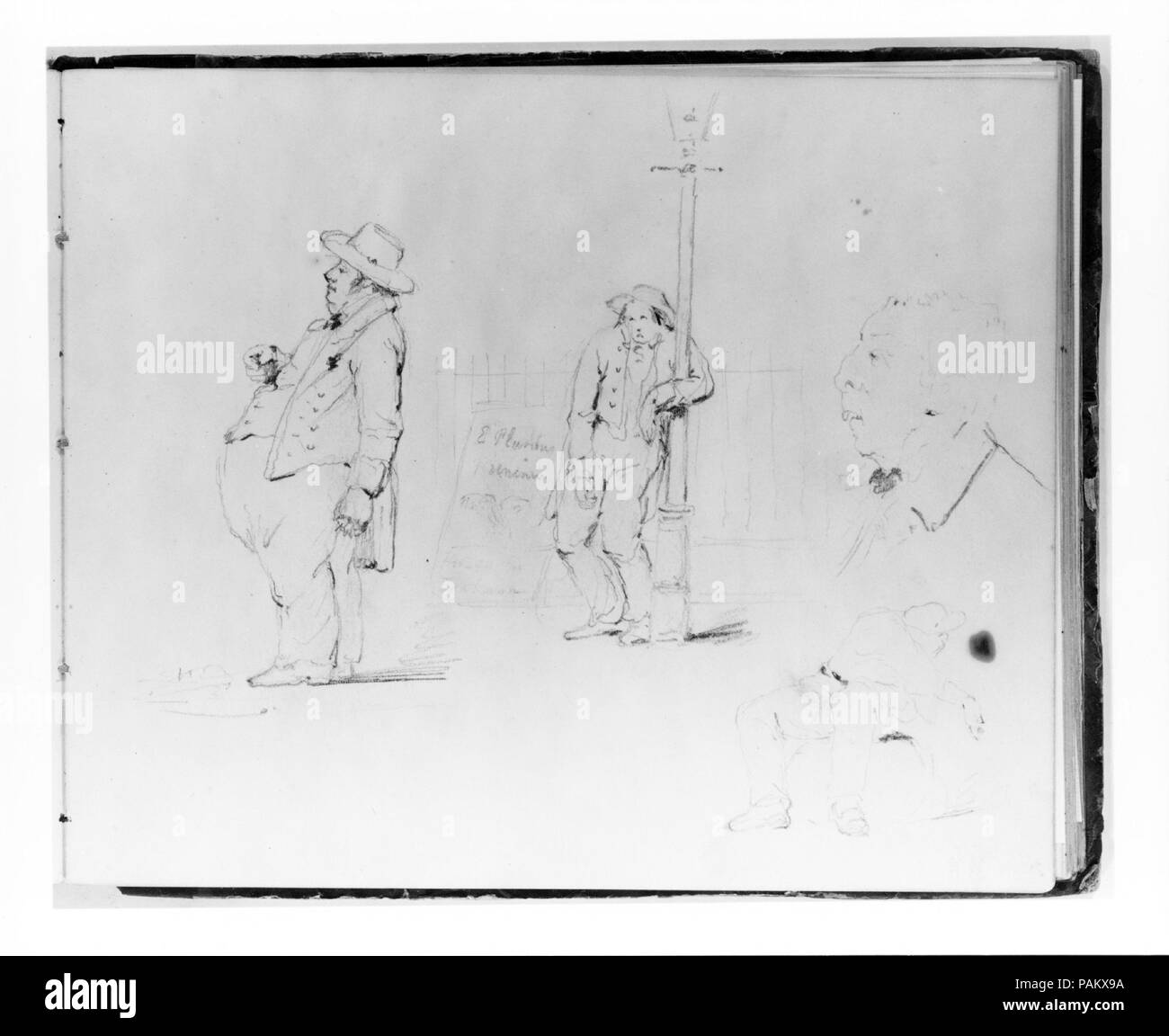 Quatre études de figures : Profil d'un homme replet ; Man Leaning on Lamp Post ; Profil d'un homme (de Sketchbook). Artiste : Francis William Edmonds (American, Hudson, New York 1806-1863 Bronxville, New York). Dimensions : 6 5/8 x 8 in. (16,8 x 20,3 cm). Date : ca. 1838 et après. L'exécution d'esquisses et d'études était une partie cruciale du processus créatif de Edmonds. Beaucoup de ses dessins existent comme œuvres indépendantes--apparemment jamais pris d'autres--mais bien d'autres représentent un premier pas dans sa conception pour les peintures. Ce carnet, qu'il a commencé à propos de 1838, comprend les deux types de dessins d'un var Banque D'Images