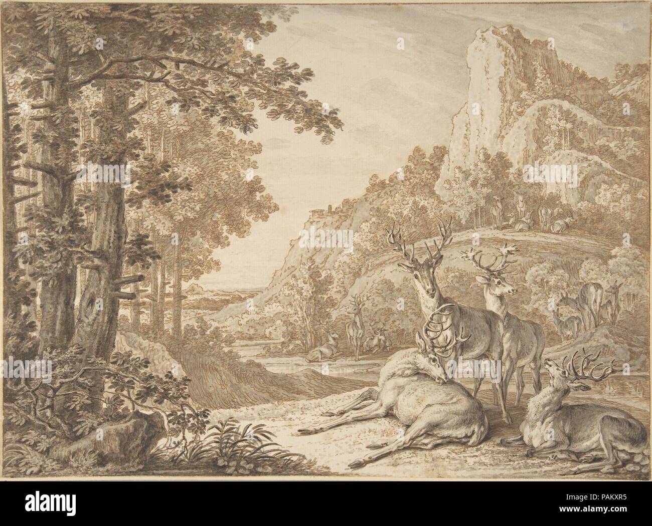 Cerfs dans un paysage. Artiste : Johann Elias Ridinger (allemand, Ulm Augsbourg 1698-1767). Dimensions : 9 3/4 x 13 1/4 in. (24,8 × 33,7 cm). Date : début au milieu du 18e siècle. Ridinger était la dix-huitième-siècle animalier allemand par excellence. En plus de 1200 dessins, il décrit de nombreux représentants du règne animal, ainsi qu'animal tales. Son père, un scribe, qui sont de petites figures animales et équestres dans ses temps libres, peut-être encouragé son fils s'intéresse à ces sujets. La plupart de ses dessins préparatoires ont été Ridinger d'impressions. De cette substitution, et efficaces, toutefois, aucune composition Banque D'Images