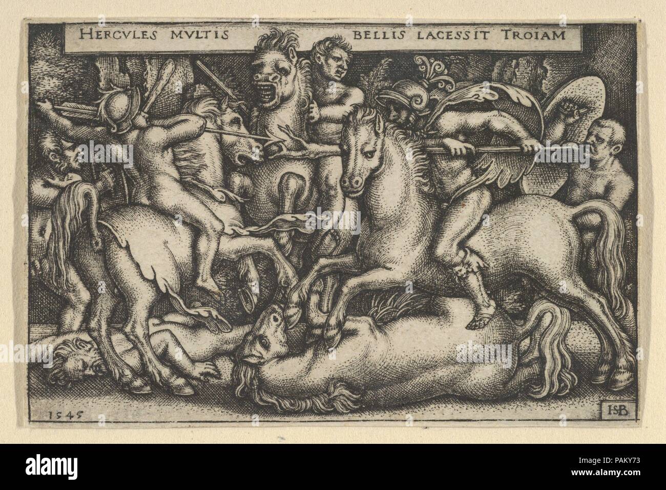 Hercule luttant contre les chevaux de Troie de l'Travaux d'Hercule. Artiste : Sebald Beham (1500-1550 Nuremberg, Allemagne Francfort). Fiche Technique : Dimensions : 2 x 3 1/16 in. (5,2 x 7,8 cm). Musée : Metropolitan Museum of Art, New York, USA. Banque D'Images