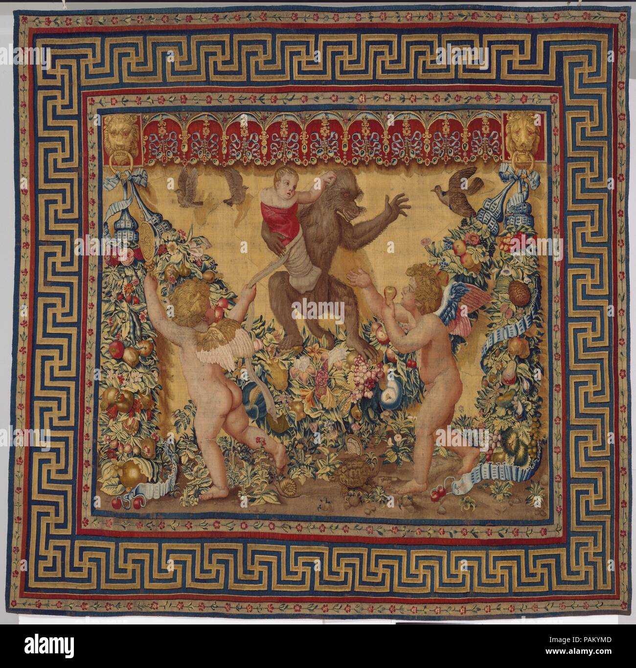 Deux Putti essayant d'arrêter un singe Enlèvement d'un enfant à partir d'un ensemble de l'giochi di Putti. Artiste : Caricature de Tommaso Vincidor (Tommaso di Andrea) italien (Bologne, ca. 1517-ca. 1536 Breda ( ?)). Culture : L'Italien, Rome. Designer : Conception attribué à Giovanni da Udine (Giovanni dei Ricamatori (Italien), Udine Rome 1487-1564) ; l'adaptation d'un design by Raphael (Raffaello Sanzio ou Santi) (Italien, Urbino 1483-1520 Rome). Dimensions : 102 x 104 L. W. dans. (259 x 264 cm). Manufacture : tissés dans la Manufacture Barberini. Date : ca. 1635. Cette tapisserie est l'une des huit que reproduire, en partie, un ensemble de twen Banque D'Images