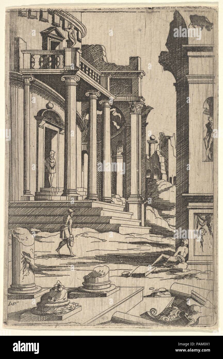 Classizing Paysage avec trois chiffres, à partir d'une série de ruines architecturales avec des chiffres, en marche arrière après imprime par Jacques Androuet Ducerceau après Léonard Thiry. Artiste : Virgil Solis (allemand, ( ?) 1514-1562 Nuremberg) ; Après Jacques Androuet du Cerceau (français, Paris 1510/12-1585 Annecy) ; Après Leonard Thiry (active, Russisch Fontainebleau ca. 1536-1550). Fiche technique : Dimensions : 6 x 4 in. (15.2 x 10.2 cm). Portefeuille/série : série des ruines d'architecture avec des chiffres, en marche arrière après imprime par Jacques Androuet Ducerceau après Léonard Thiry. Date : ca. 1550-62. Musée : Metropolitan Museum of Banque D'Images
