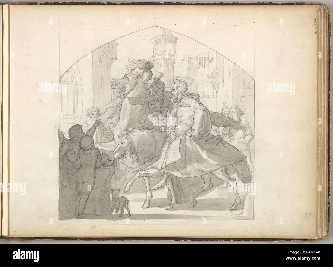 Un homme et un singe à cheval (en carnet de croquis avec des dessins sur vingt-six feuilles). Artiste : Frédéric, Lord Leighton (British, Scarborough 1830-1896 Londres). Fiche Technique Dimensions : (page) : 7 7/8 x 10 7/8 in. (20 x 27,6 cm). Date : ca. 1849. Musée : Metropolitan Museum of Art, New York, USA. Banque D'Images