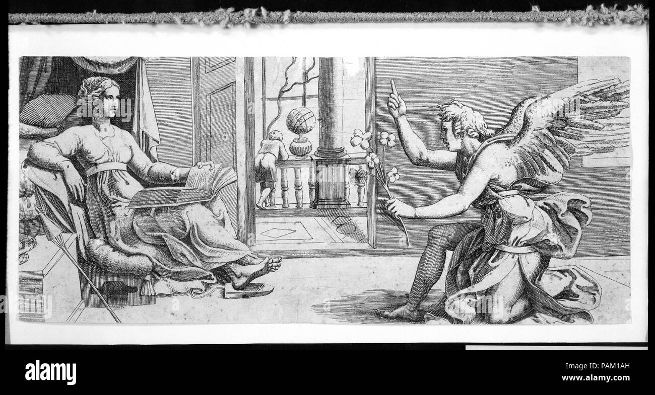 L'annonciation avec ange agenouillé. Artiste : attribuée à l'Italien Cesare (1523-1567), Parme Ferrare ; Conception attribué à Raphaël (Raffaello Sanzio ou Santi) (Italien, Urbino 1483-1520 Rome). Fiche technique : Dimensions : 4 5/8 x 10 3/4 in. (11,8 x 27,3 cm) à l'intérieur platemark. Date : ca. 1540-41. Musée : Metropolitan Museum of Art, New York, USA. Banque D'Images