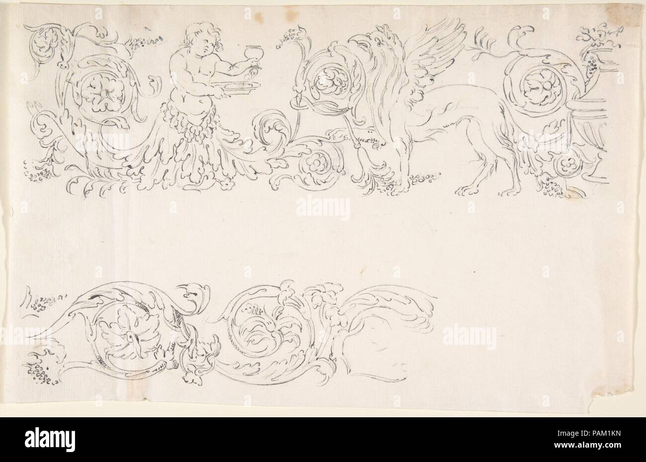 Dessins pour bordures décoratives avec un putto et ornementation florale et Griffin. Artiste : Anonyme, Italien, 17e siècle. Dimensions : 7 1/4 x 11 3/16 po. (18,4 x 28,4 cm). Date : 1650-1750. Musée : Metropolitan Museum of Art, New York, USA. Banque D'Images