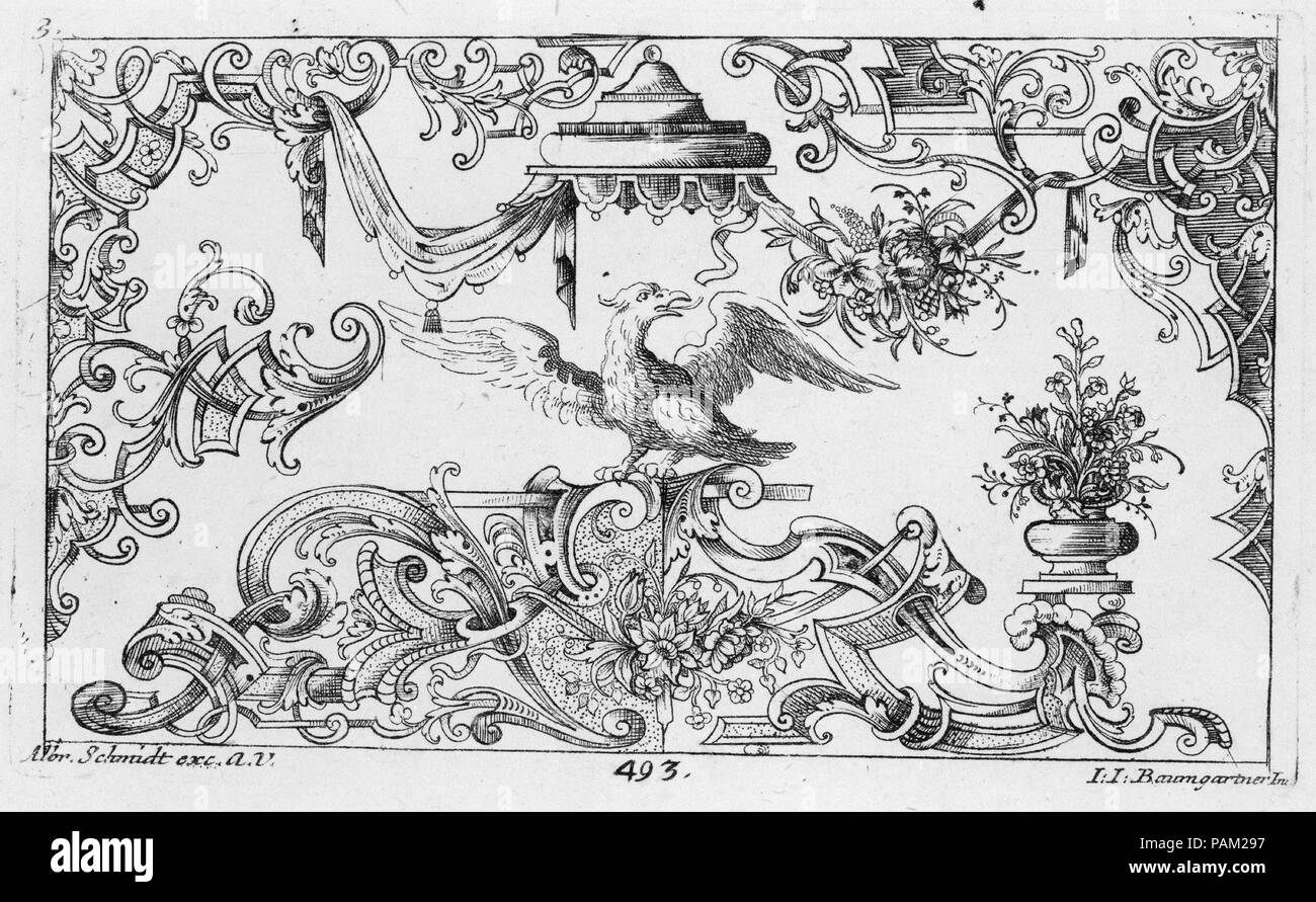 Ganz Neu Bandelwerck Inventiertes Laub und zu finden bey Albrecht Schimdt. Artiste : Johann Jakob Baumgartner (allemand, 1694-1744). Dimensions : plateau : 3 5/8 x 6 in. (9,2 x 15,2 cm) : Feuille 5 5/8 x 7 7/8 in. (14,3 x 20 cm). Date : 1726. Musée : Metropolitan Museum of Art, New York, USA. Banque D'Images