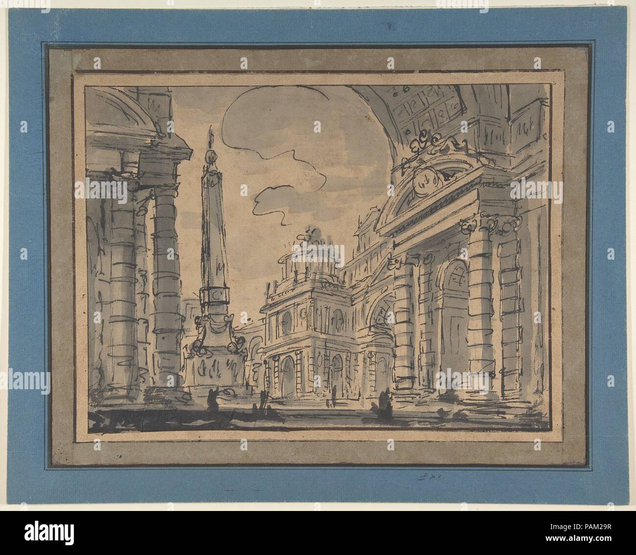 Un Capriccio Architectural ; vue par une grande arche avec un obélisque dans un espace central de la distance. Artiste : Charles Michel Ange Challe (français, Paris 1718-1778 Paris). Dimensions : 8 1/4 x 11 in. (20,9 x 28,0 cm). Date : le 18e siècle. Musée : Metropolitan Museum of Art, New York, USA. Banque D'Images