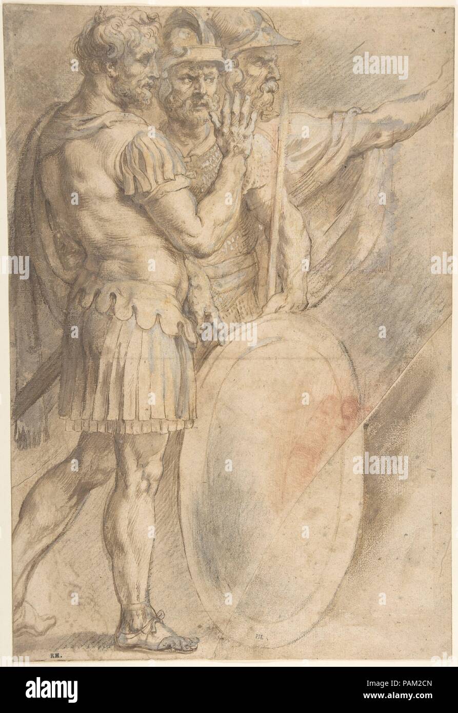 Trois guerriers après Raphaël. Artiste : Anonyme, Italien, 16e siècle, retouché par Peter Paul Rubens (Siegen, flamand 1577-1640 Anvers). Dimensions : 14 5/8 x 9 13/16 in. (37,2 x 24,9 cm). Date : n.d.. Musée : Metropolitan Museum of Art, New York, USA. Banque D'Images