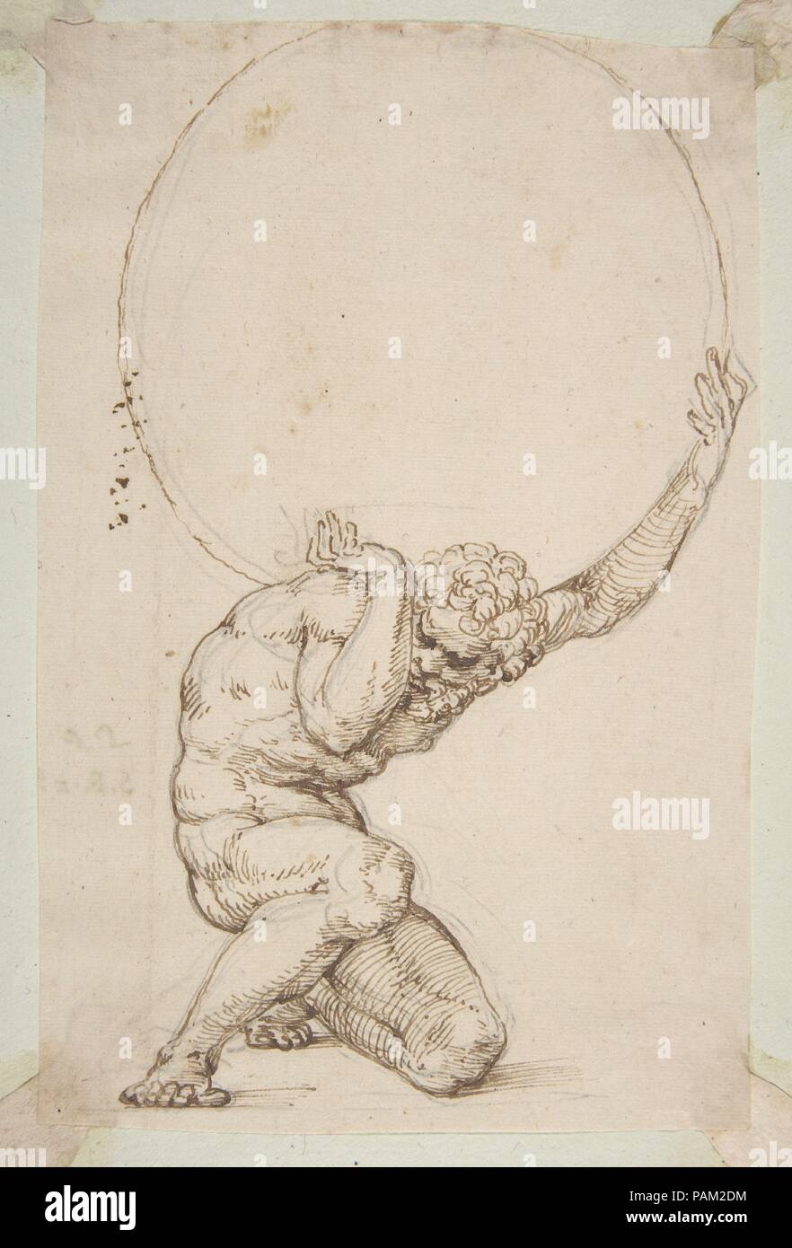 La figure accroupie d'Atlas. Artiste : Tommaso Baldassare Peruzzi (Italien, Ancaiano 1481-1536 Rome). Dimensions : 8-1/8 x 5-1/4 in. (20,6 x 13,4 cm.) ; feuille : 11 3/16 x 8 1/2 in. (28,4 x 21,6 cm). Date : 1481-1536. Musée : Metropolitan Museum of Art, New York, USA. Banque D'Images
