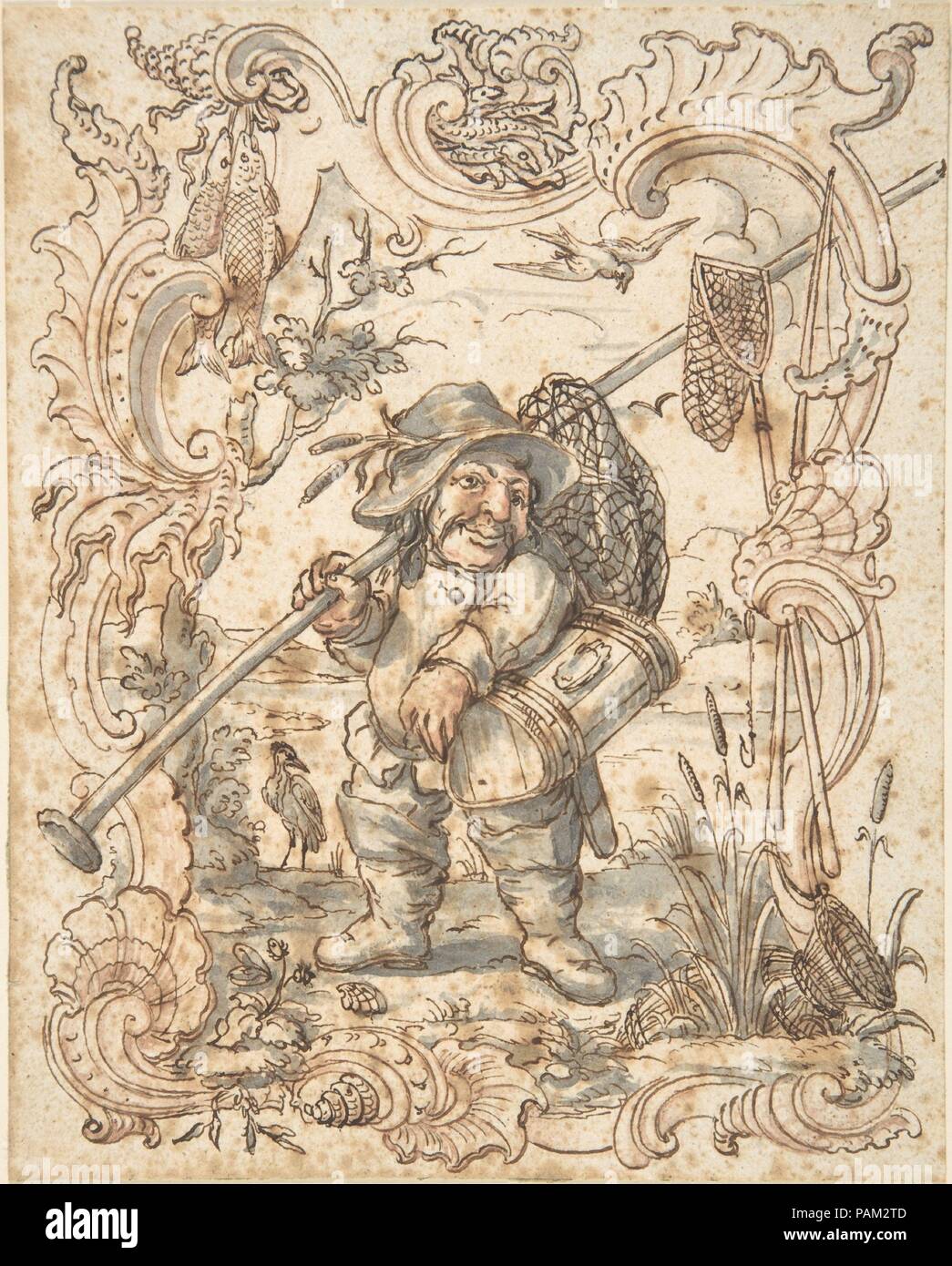 Caricatures d'un poisson et un oiseau colporteur dans les cadres d'ornement. Artiste : Johann Esaias Nilson (allemand, Augsburg Augsbourg 1721-1788). Dimensions : Les deux feuilles : 7 x 5 5/16 13/16 in. (18,6 x 14,8 cm). Date : 1735-88. Musée : Metropolitan Museum of Art, New York, USA. Banque D'Images